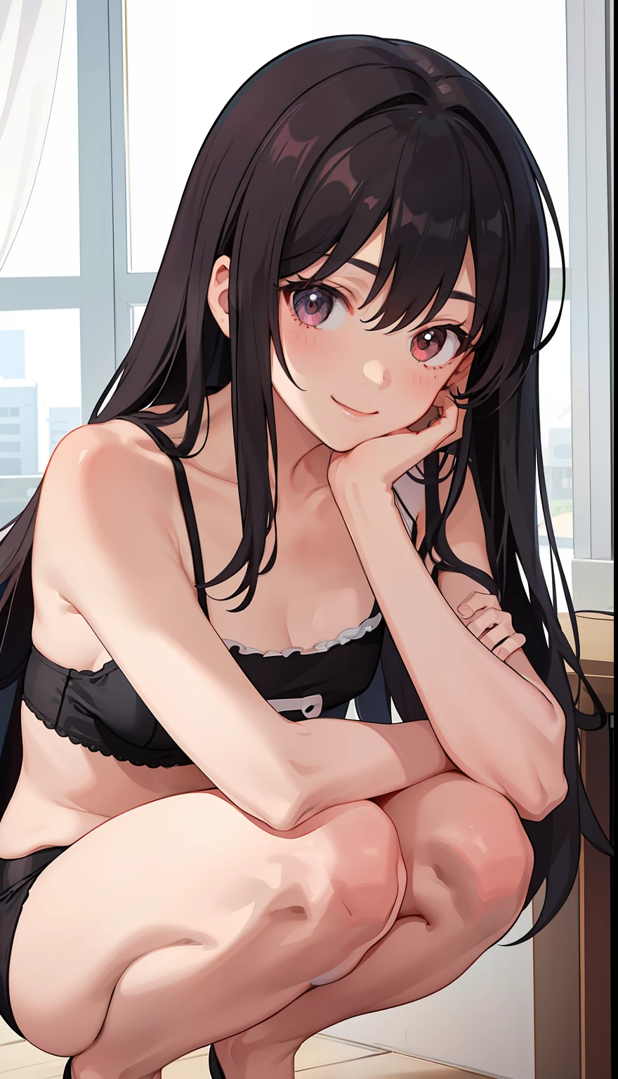 1girl in、A smile、Underwear、Cute underwear、Upper body portrait、Squatting panchira、