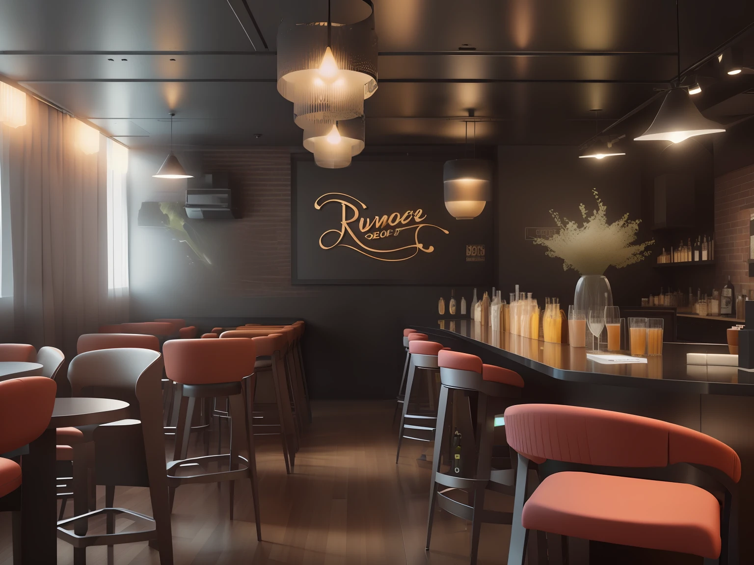 There are a lot of tables and chairs in the big screen restaurant, an illustration of a bar/lounge room, photographic render, finalrender, 3 d rendered, Rustic, A digital rendering, highly photographic render, high res render, photorender, 3 d finalrender, 3d final render, highly rendered!!, pub, artistic impression, bw 3 d render, a digital rendering