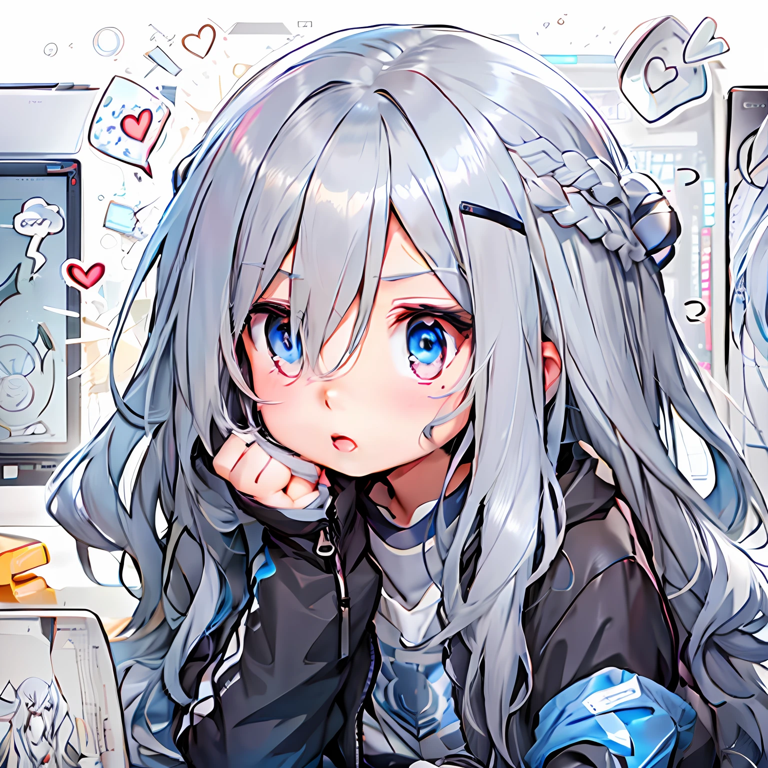 Anime girl sitting in front of computer with long gray hair and blue eyes, Kantai collection style, anime visual of a cute girl, whaite hair, Cute anime girl, anime moe art style, girls frontline style, An anime girl, Silver hair girl, Anime girl with long hair, Cute anime style, anime lover, she has a cute expressive face