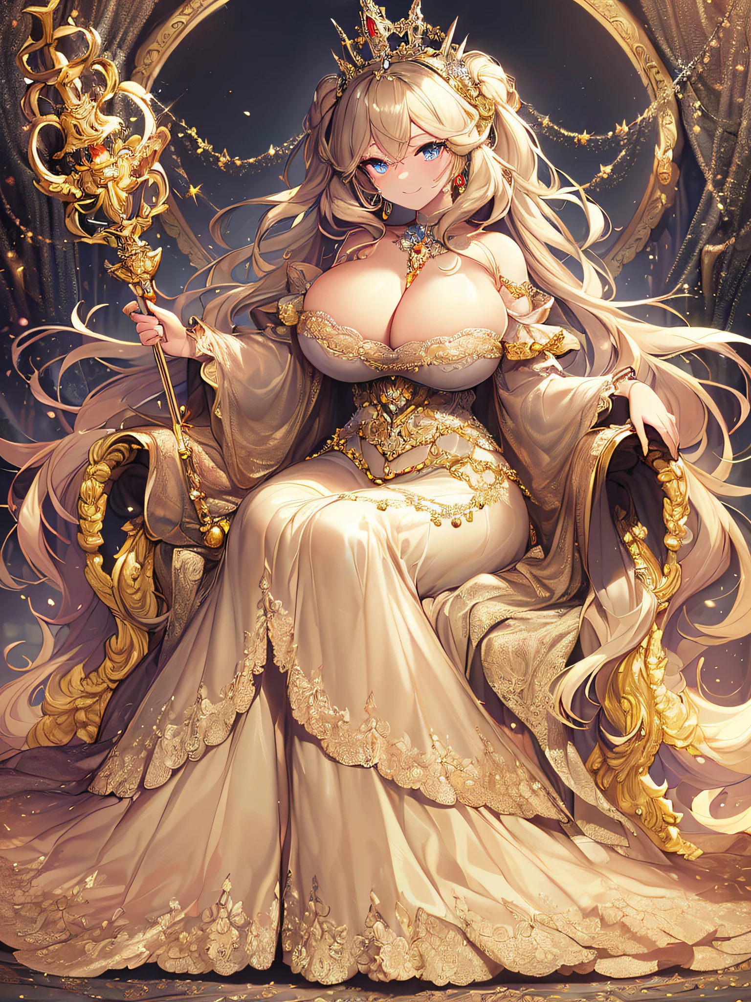 ((anime artstyle)),(Masterpiece),(Best Quality), (Super Detail),((Very Delicate and Beautiful)),(((Solo))),((full body)),(((milf))),(((1 queen in beautiful embroidery and jeweled bling-bling gorgeous rococo ball gown dress with voluminous full length hoop skirt,sitting on the throne))),(bling-bling),Long train,((sitting on the gorgeous throne,holding a scepter)),(bling-bling gorgeous gemstone jewelry),detailed face and eyes,jewel-like eyes,seductive smile,((large amount of straight hair,extremely voluminous Very Long Hair,Very Long Straight Hair)),(((gigantic tits,Long tits))),cleavage,(gorgeousfull embroidery and lace),gorgeous corsage,See-through,extremely gorgeousfull hair ornament,(bling-bling extremely gorgeousfull jeweled tiara),ornate ruffles,(hoop skirt,crinoline),((Dynamic Angle)),Looking at viewer,((full body)),((beautiful embroidery and jeweled extremely gorgeous rococo ball gown dress with voluminous full length hoop skirt))