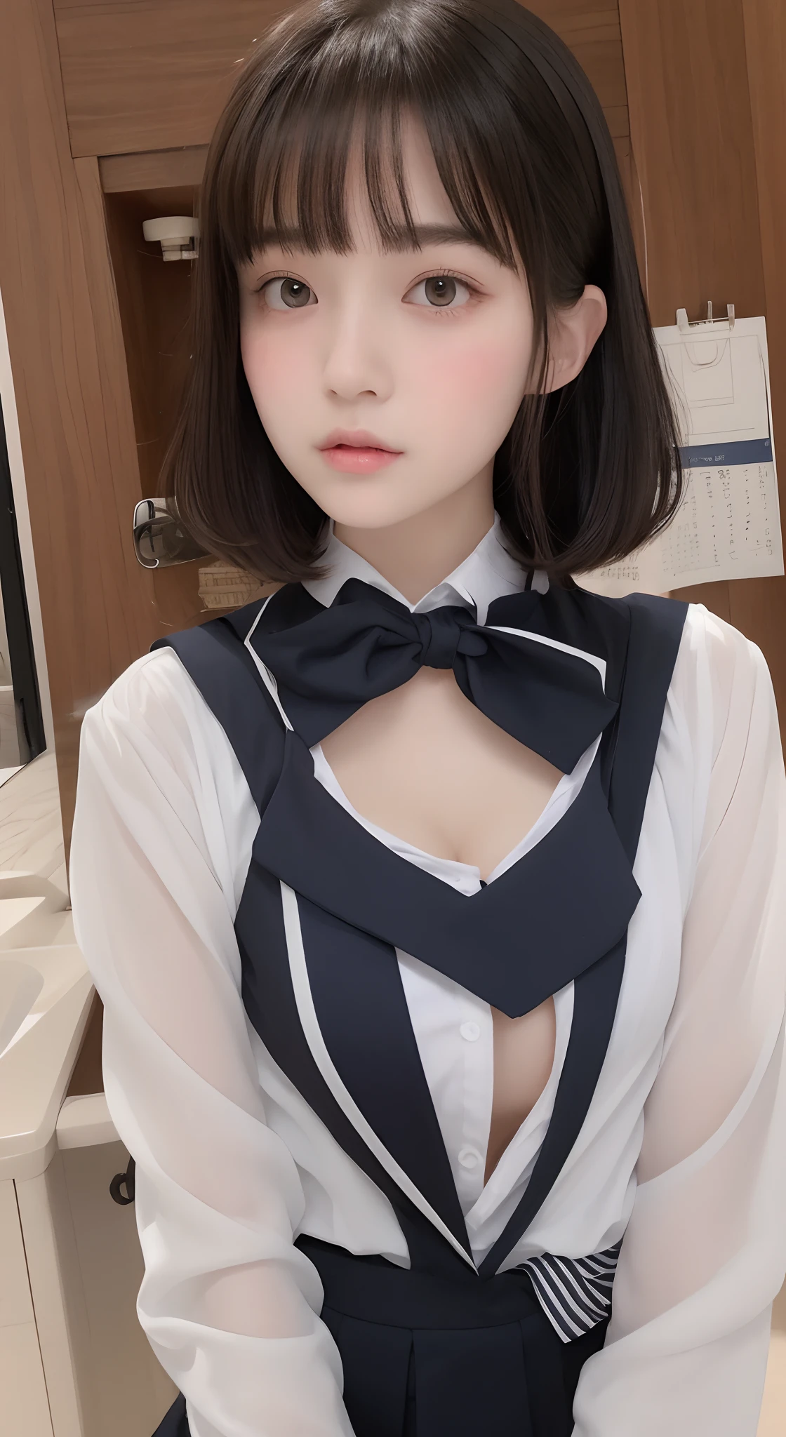 perfect figure beautiful woman:1.4,Layered Hair Style,Protruding cleavage:1.2,JK school uniform:1.5,Highly Detailed Face and Skin Textur,Narrow eyes,二重まぶた,Whitens the skin,short detailed hair,full bodyesbian