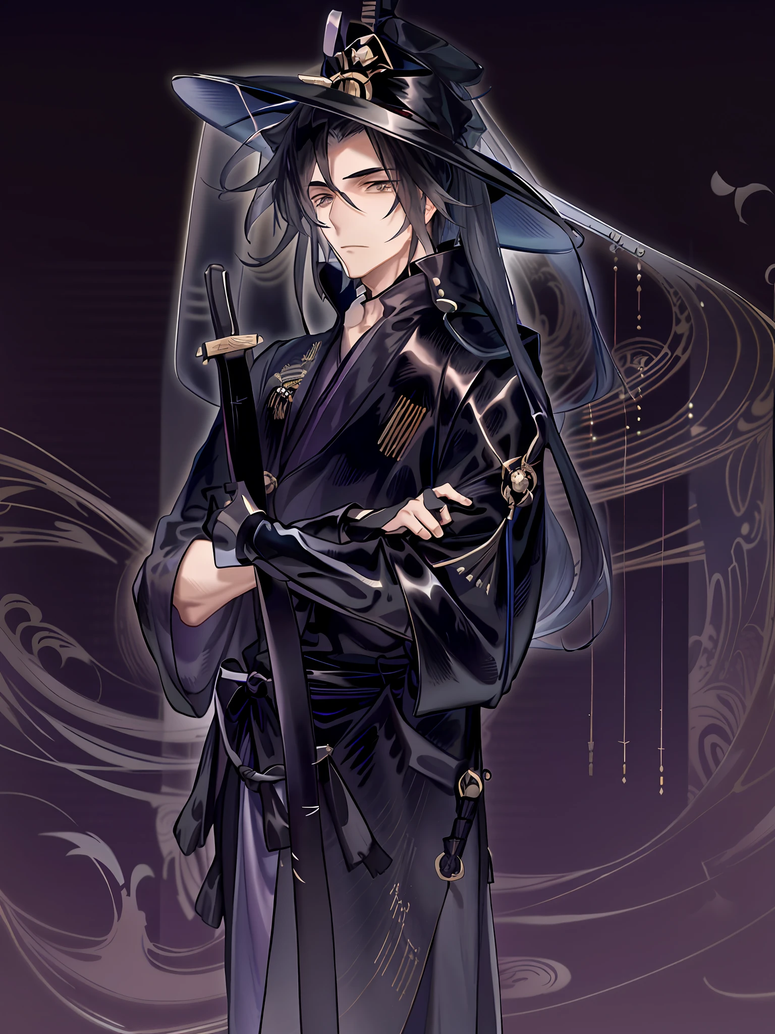 a drawing,A man dressed in black holds a sword, inspirado em Okumura Masanobu, shirow masamune, akiyuki shinbo, black-haired mage, Wearing a black cloak, clothed in old samurai uniform, inspired by Yamagata Hiro, hijikata toushirou, wearing in black cloak