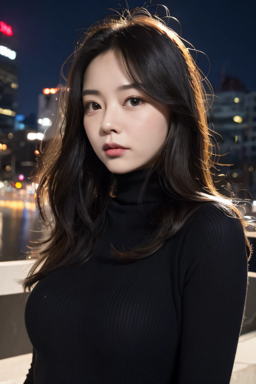 Mature mature young woman、Black turtleneck、Super Cute、The upper part of the body、soft skin perfect face、gorgeous long wavy brown-haired、8K分辨率、A hyper-realistic、ultra-detailliert、hightquality、The background is a night view、(huge-breasted:1.5)