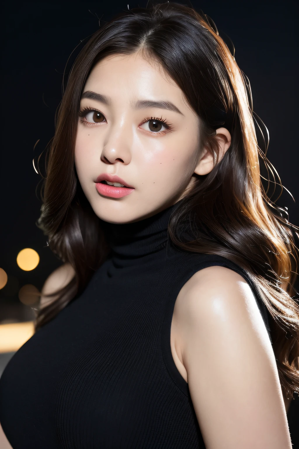 Mature mature young woman、Black turtleneck、Super Cute、The upper part of the body、soft skin perfect face、gorgeous long wavy brown-haired、8K分辨率、A hyper-realistic、ultra-detailliert、hightquality、The background is a night view、(huge-breasted:1.5)