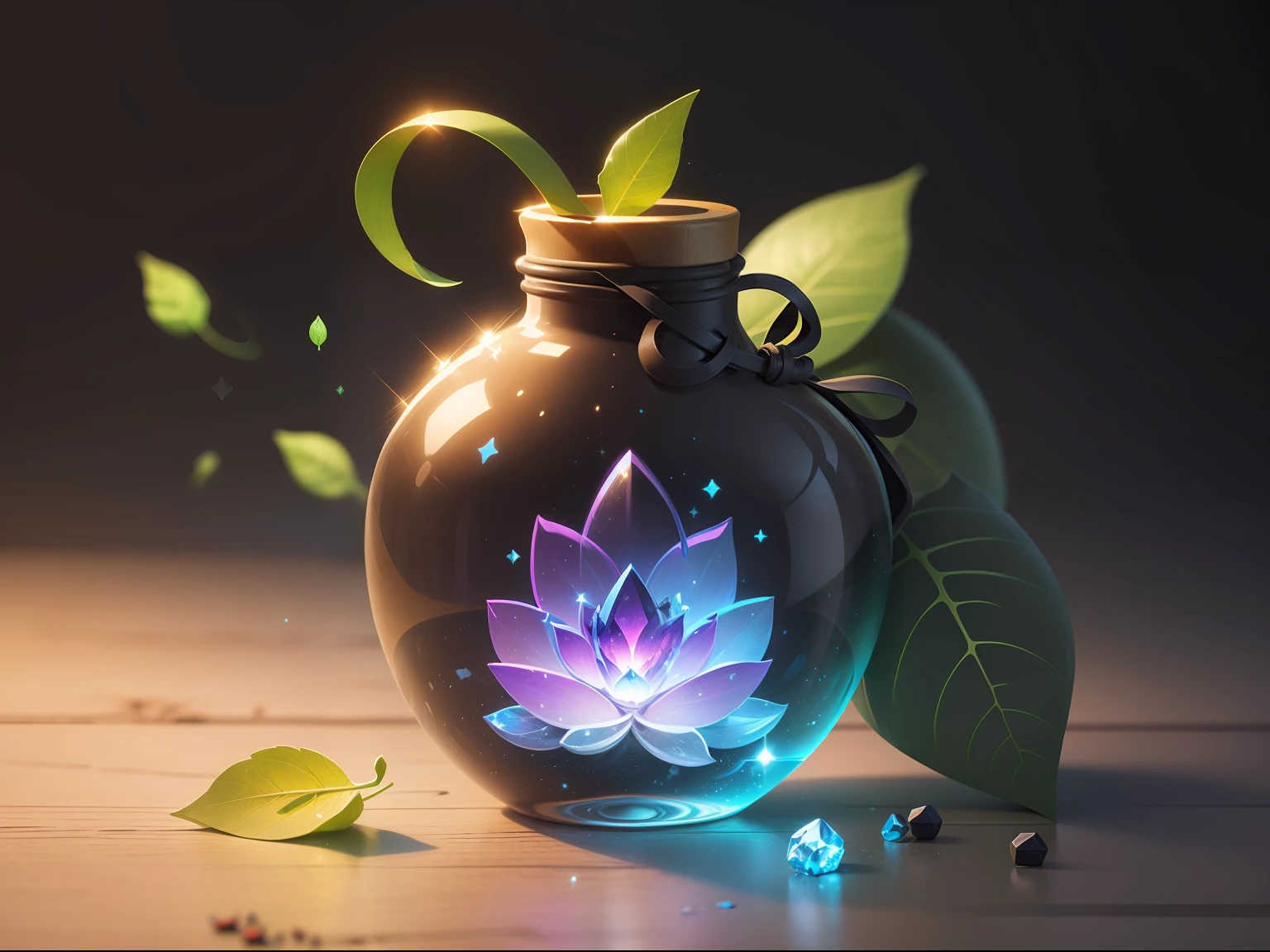 game icon institute, game icon, bottle, no humans, still life, sparkle, flower, leaf, simple background, light particles, crystal, transparent, ribbon, black background,