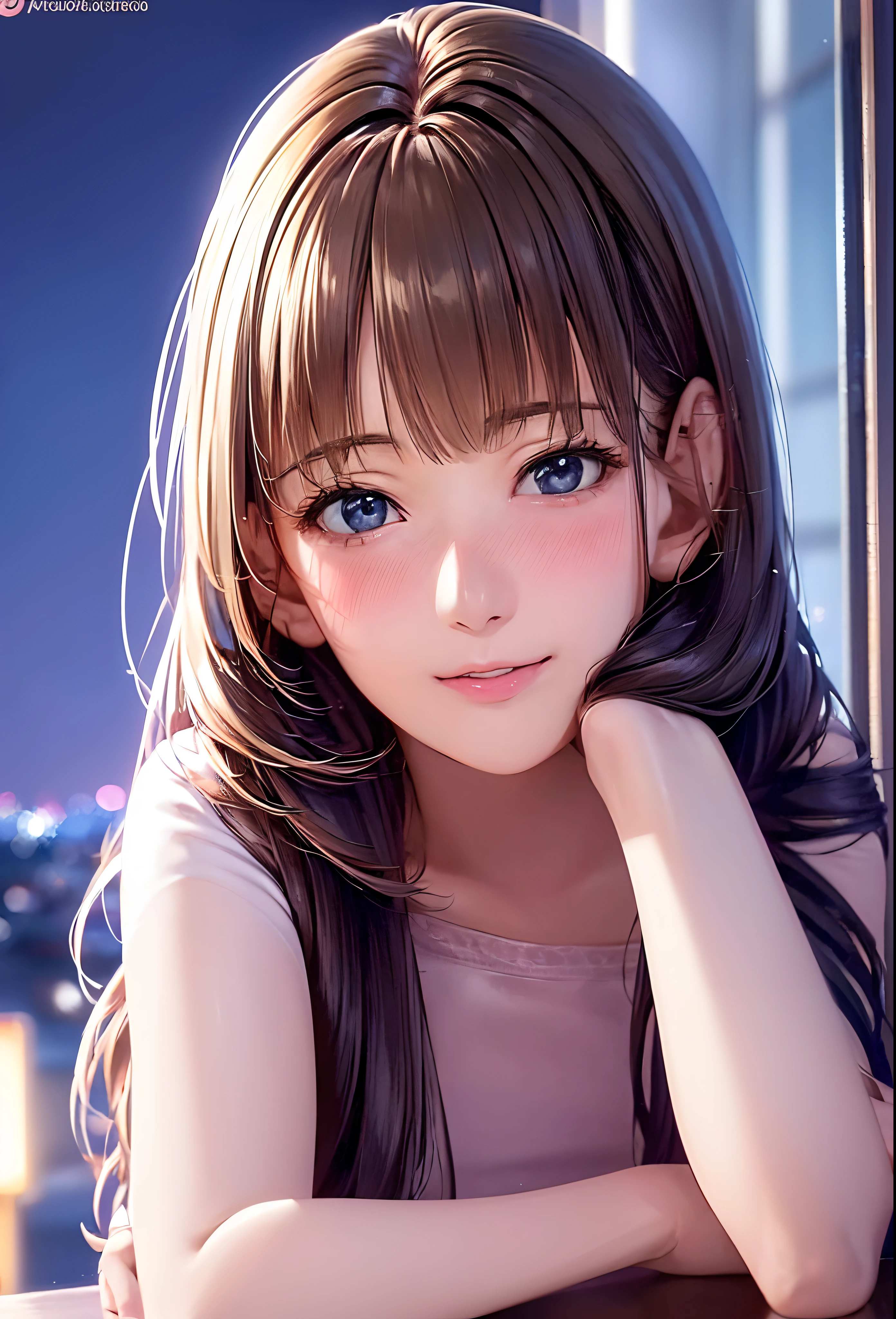 (8K, Best Quality, masutepiece:1.2), (Realistic, Photorealsitic:1.37), Ultra-detailed, 1 girl,Cute, Solo,Midnight,Beautiful detailed sky,Detailed Cafe,Sitting,Dating,(nose blush),(Smile:1.15),(Closed mouth) Small breasts,Beautiful detailed eyes,Floating Hair NovaFrogStyle,Pink dress