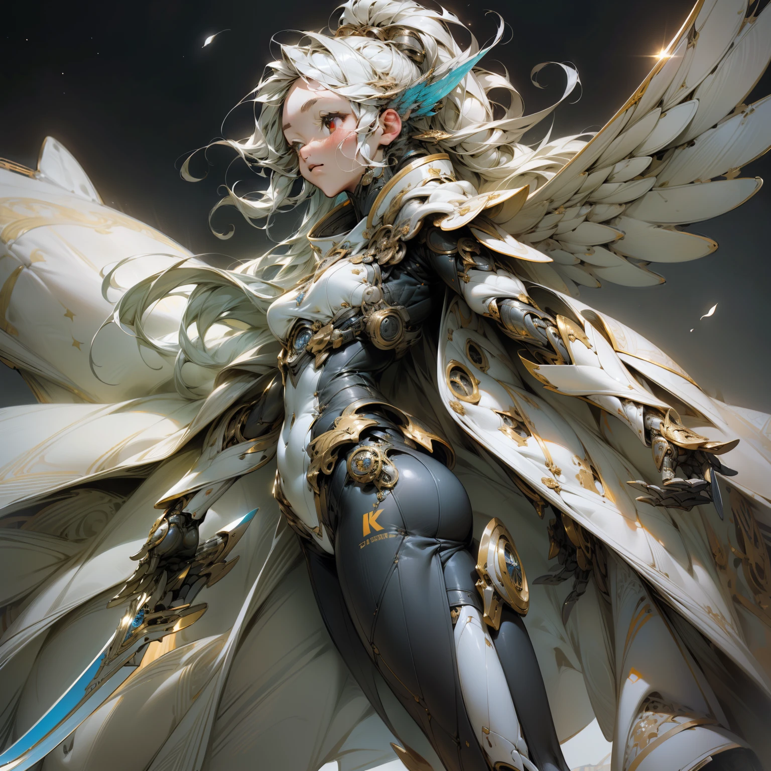 (((masterpiece))),(((best quality))),((ultra-detailed)), ((illustration)),floating, ((an extremely delicate and beautiful)),(painting),(sketch),(((extremely detailed CG unity 8k wallpaper))),(((masterpiece))),(((best quality))),(((1 girl))),(beautiful detailed eyes),(((extreme detailed illustration))),cinematic lighting,art of light novel,highres,original,extremely detailed walpaper,extreme detailed galaxy:1.1),stars,detailed face , Holding a handsome big sword, mecha clothes,robot girl,cool movement,Silver and black bodysuit,{filigree},delicate and (intricate) hair,sliver streaked hair, red eyes,full body,side body,Depth of field, mechanical wing in her back,flying,roof,