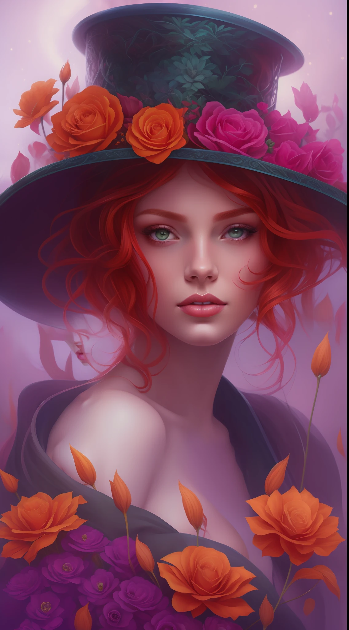 painting of a woman with red hair and a hat with flowers, red haired goddess, charlie bowater rich deep colors, goddess portrait, beautiful digital artwork, beautiful fantasy art portrait, gorgeous digital art, beautiful gorgeous digital art, tom bagshaw artstyle, beautiful fantasy portrait, beautiful digital art, a stunning portrait of a goddess, fantasy portrait art, portrait of a beautiful goddess