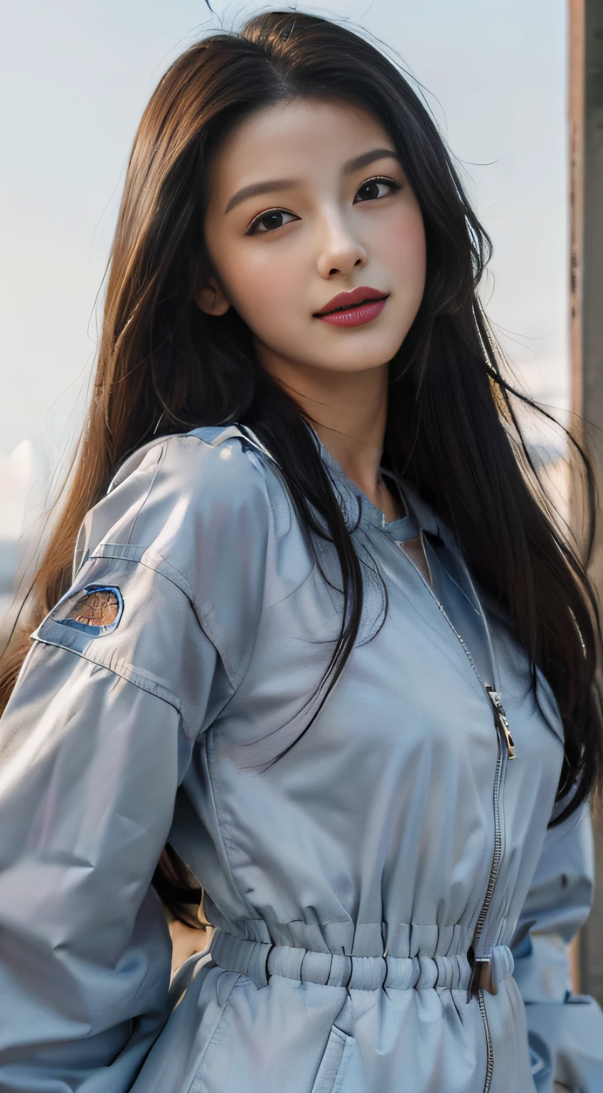 (Masterpiece:1.4),(Best quality:1.4),(Ultra-detailed:1.2),High quality,A high resolution,超A high resolution,(RAW photo:1.2),Extremely detailed,finedetail,,1girll,ssmile,((Long hair)),Beautiful detailed eyes,(((full bodyesbian))),(Dobaka),Hermes gray background,White windbreaker,