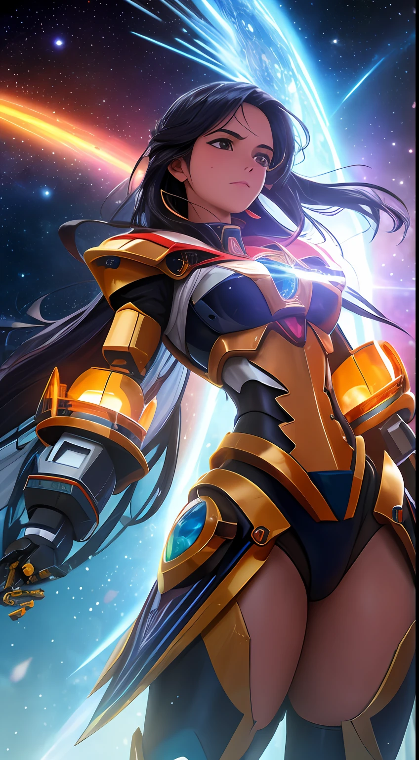 uma  mulher (([ouro champanhe| Vermelho|preto]_mecha:1.2)), obra-prima, melhor qualidade, alta qualidade, extremamente detalhado CG unidade de papel de parede 8k, highres, alta qualidade, 8k, ultra detalhado, ultra qualidade, detalhado e intrincado, original, highres, melhor sombra, High lighting detail, perfect  lighting, colorido, mecha musume, mechanical arms, chapelaria, ao ar livre, galaxy, space station, standingn, perna espalhada, arm up, brilhante, misterioso, encantador, caprichoso, frisky, aventureiro, liberdade, maravilha, imagination, determination, habilidade, velocidade, movimento, energia, realismo, naturalista, figurativo, representacional, beleza, cultura de fantasia, mitologia, contos de fadas, folclore, lendas, bruxas, bruxos, magical creatures, mundos de fantasia, compositing, escala, primeiro plano, meio termo, fundo, perspectiva, luz, cor, textura, detalhe, beleza, maravilha, nsfw