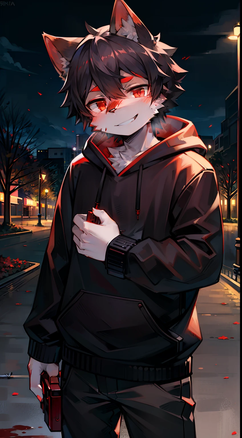 Solo, kemono, male, black hair, red eyes, wear black hoodie, wear black pants, look at camera, smile with tooth, right hand grabbing gun, blood splash on face, standing in park, park and city background, night time