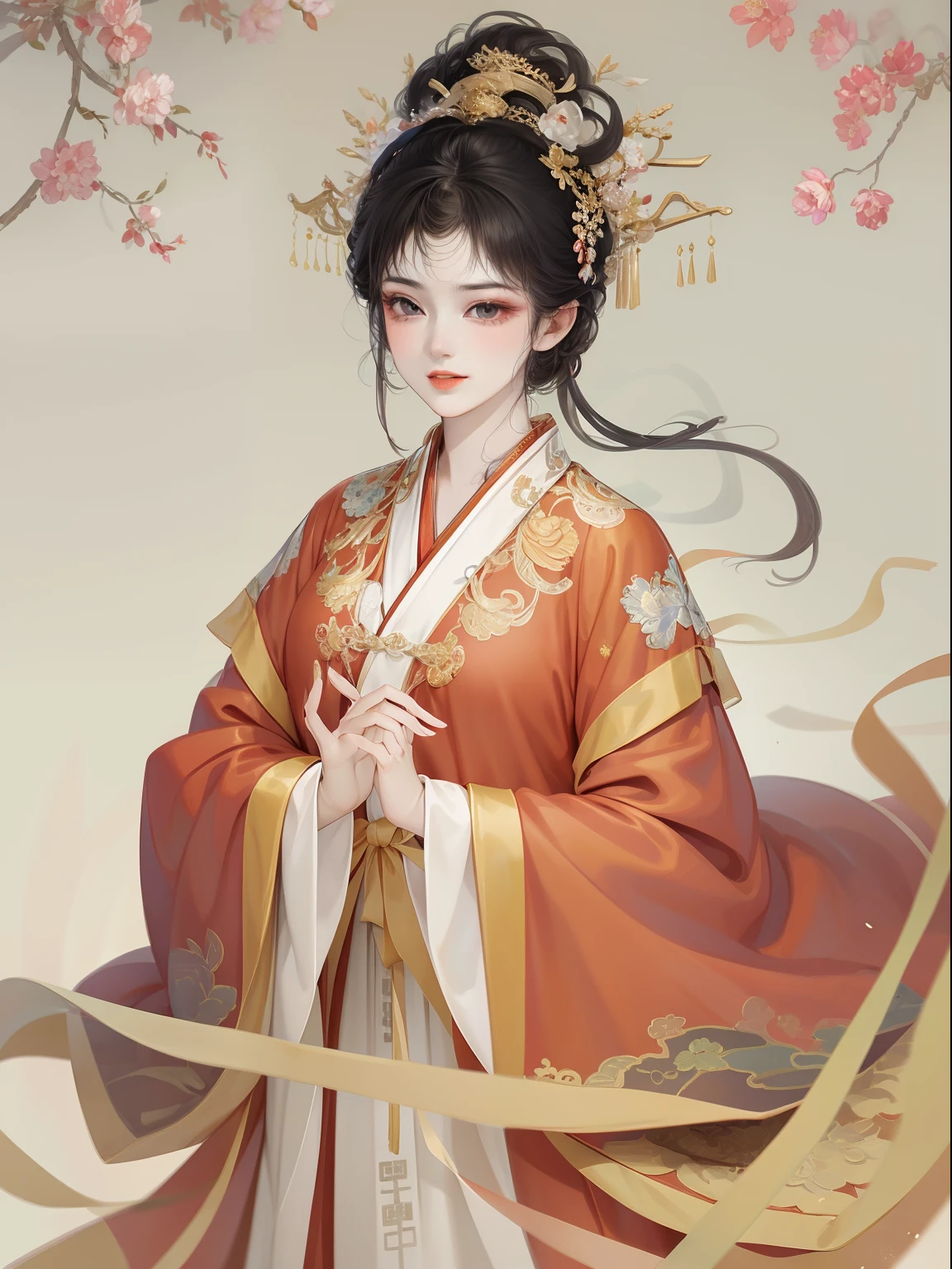 A beautiful girl in ancient China，The facial features are delicate and fair，Cool temperament，Red clothes，Black hair coiled into a bun，Wears a gold coat on his head，Chinese Song Dynasty clothing，Red gold maxi dress，Long black hair, rays of sunshine，Clear face，ultraclear，tmasterpiece，ultra - detailed，high qulity，HighestQuali，The main color is red，Background simple elements。Invisible hands，No hands。