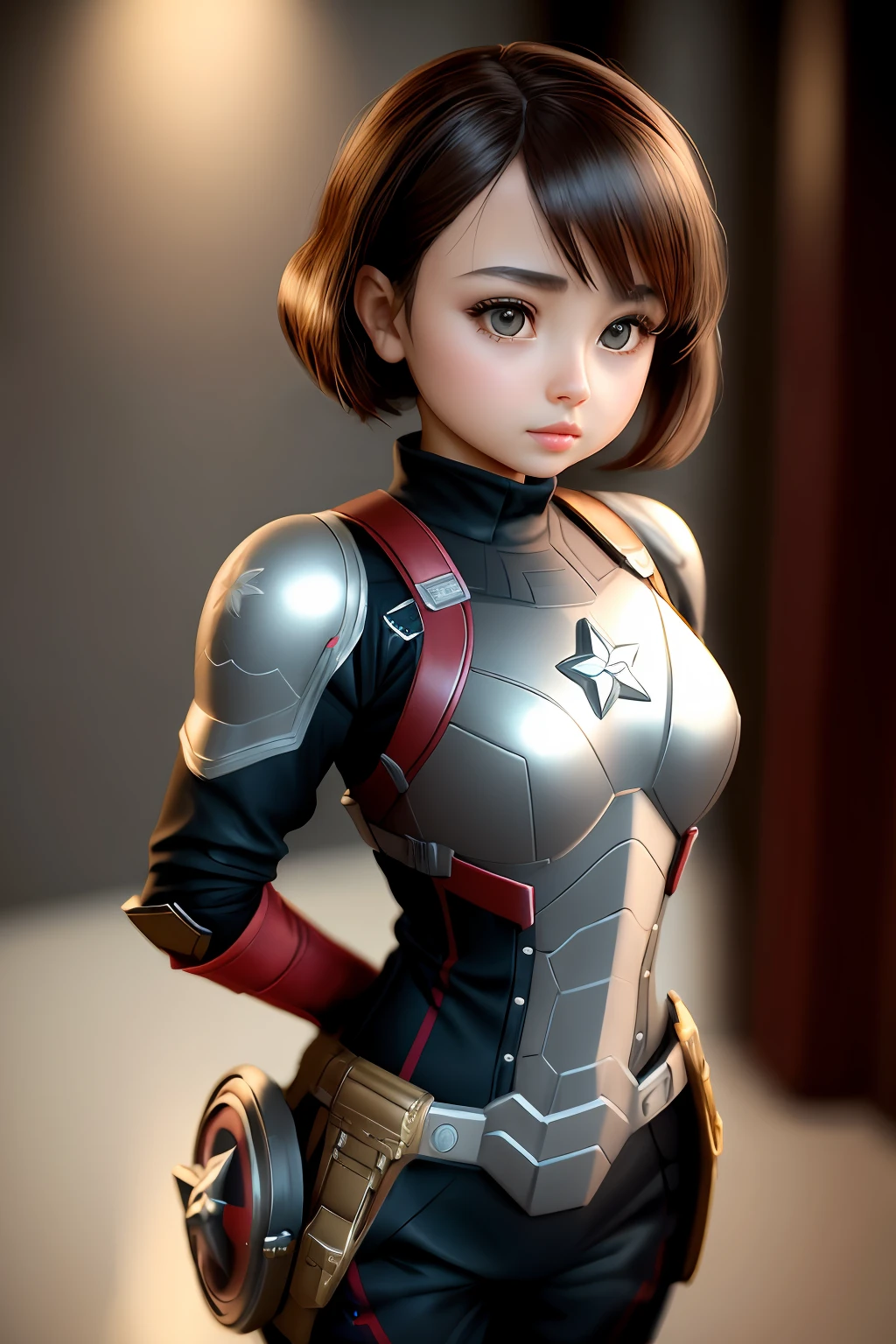 3dcreature cute girl wearing captain America armour or with detailed floral ornament, beak, 1boy, big eyes, chibi, Photorealistic, Hyperrealistic, Hyperdetailed, analog style, hip cocked, demure, low cut, black lace, detailed skin, matte skin, soft lighting, subsurface scattering, realistic, heavy shadow, masterpiece, best quality, ultra realistic, 8k, golden ratio, Intricate, High Detail, film photography, soft focus