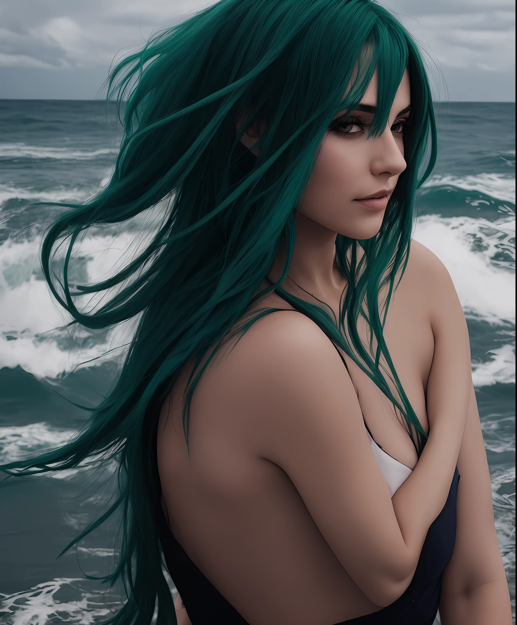 Green hair Beautuful Women Ocean wind