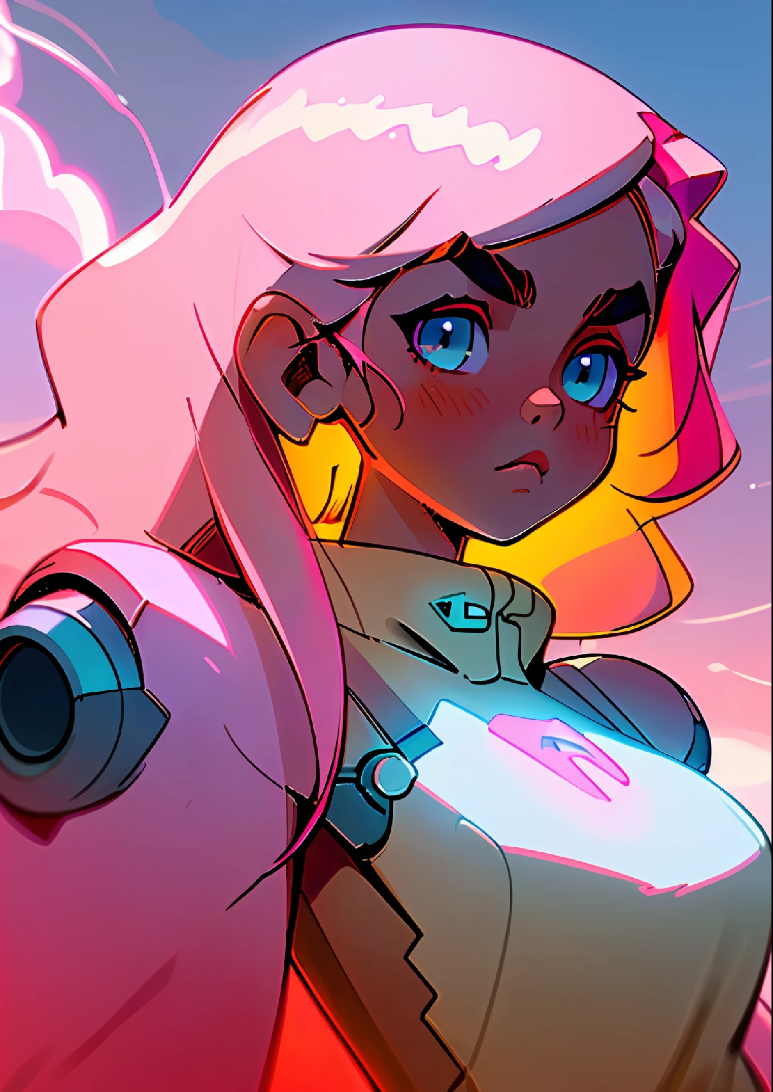 (best quality: 1.2, masterpiece), 1girl, (close up, tan skin, pink hair, very long hair, light eyes, thick eyebrows), cyberpunk, sweatshirt, neon, cloudy sky