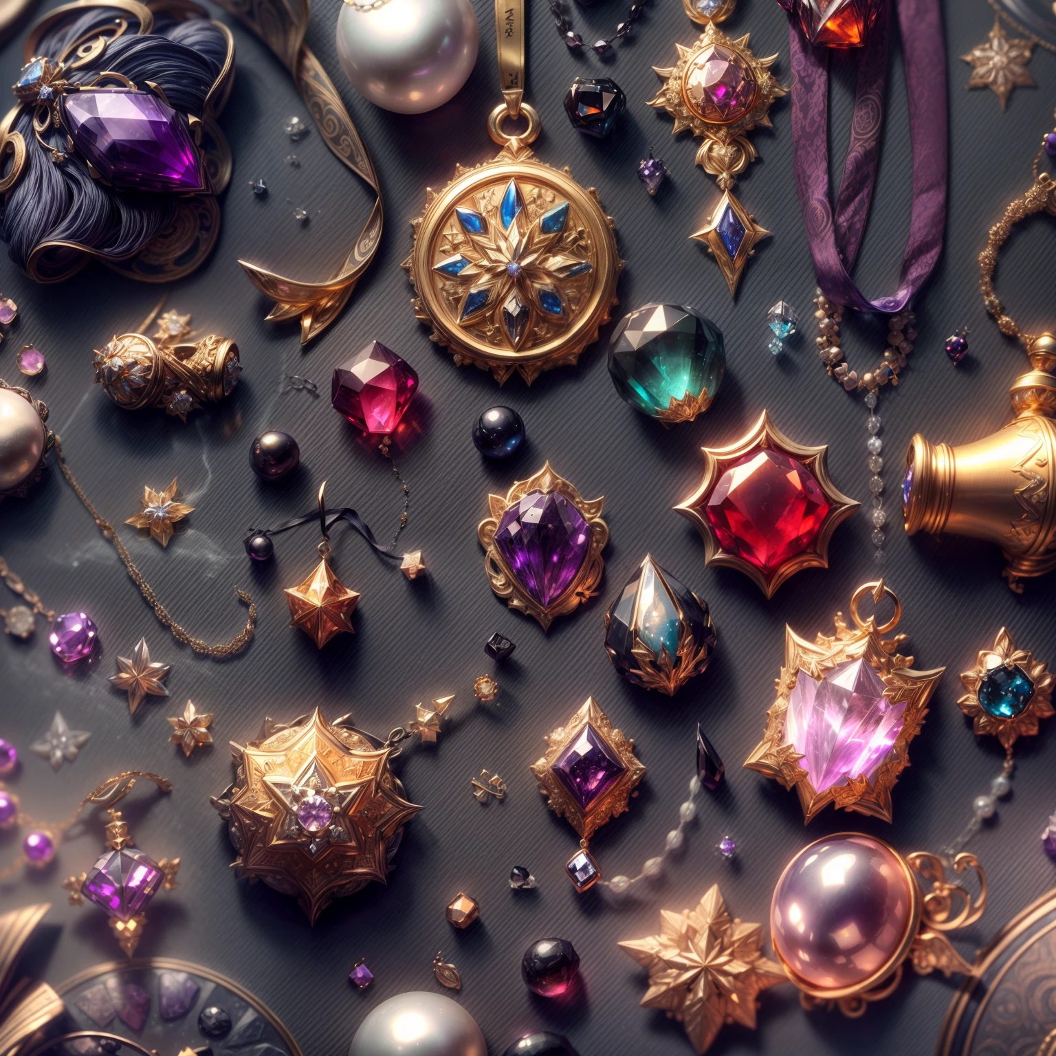(Heavy industrial style:1.2),(Full Focus:2),(Everything is laid out in a display case:1.3),(Silk products|medal|ore|obsidian|pearls|hisui|white jade|amethyst|sapphires|Gold products|Silver products|Purple gold|Magical jewelry|antiquarian|Red Jewel|Diamond|topaz|:2),Magic symbols,Magic light particle effect,High-tech luxury, High-value jewelry,,High-value metals,luxury goods,Puzzles are prohibited, Detailed and complex background, glittery, reflective light, hyper HD, Award-Awarded, A high resolution, High detail, Chiaroscuro, Cinematic lighting, Masterpiece, Ray traching,structurally correct, Super detail, High quality, High details, Best quality, 16k
