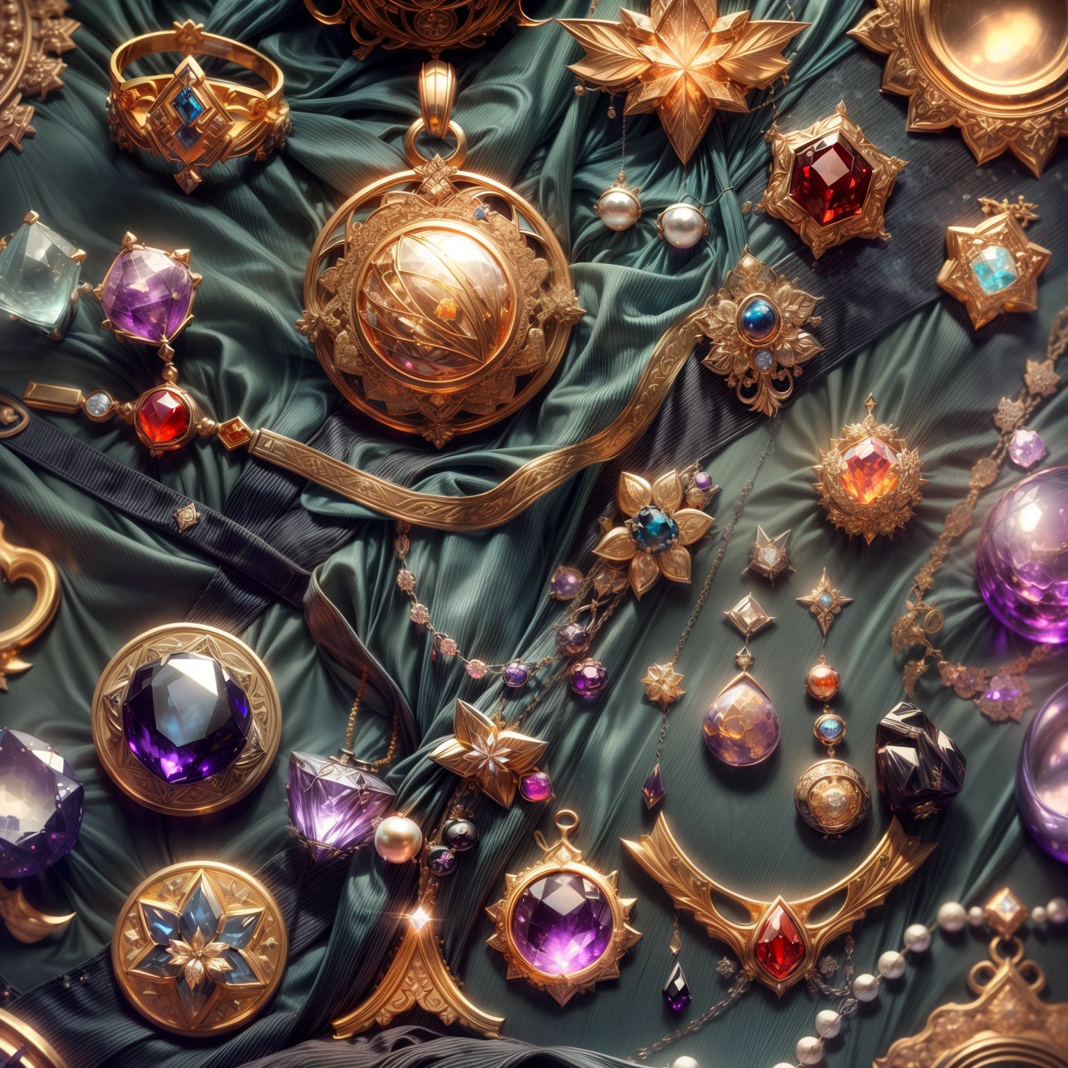 (Heavy industrial style:1.2),(Full Focus:2),(Everything is laid out in a display case:1.3),(Silk products|medal|ore|obsidian|pearls|hisui|white jade|amethyst|sapphires|Gold products|Silver products|Purple gold|Magical jewelry|antiquarian|Red Jewel|Diamond|topaz|:2),Magic symbols,Magic light particle effect,High-tech luxury, High-value jewelry,,High-value metals,luxury goods,Puzzles are prohibited, Detailed and complex background, glittery, reflective light, hyper HD, Award-Awarded, A high resolution, High detail, Chiaroscuro, Cinematic lighting, Masterpiece, Ray traching,structurally correct, Super detail, High quality, High details, Best quality, 16k