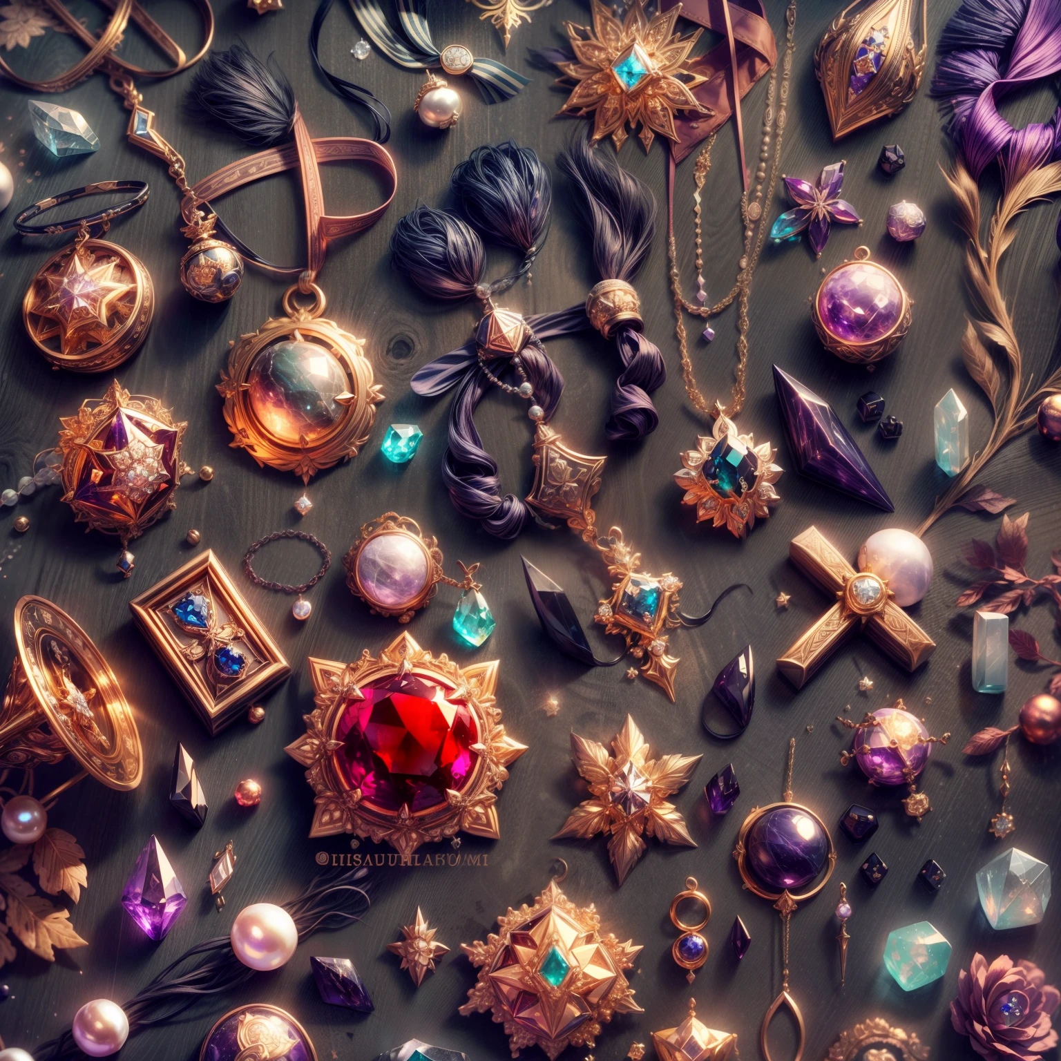 (Heavy industrial style:1.2),(Full Focus:2),(Everything is laid out in a display case:1.3),(Silk products|medal|ore|obsidian|pearls|hisui|white jade|amethyst|sapphires|Gold products|Silver products|Purple gold|Magical jewelry|antiquarian|Red Jewel|Diamond|topaz|:2),Magic symbols,Magic light particle effect,High-tech luxury, High-value jewelry,,High-value metals,luxury goods,Puzzles are prohibited, Detailed and complex background, glittery, reflective light, hyper HD, Award-Awarded, A high resolution, High detail, Chiaroscuro, Cinematic lighting, Masterpiece, Ray traching,structurally correct, Super detail, High quality, High details, Best quality, 16k