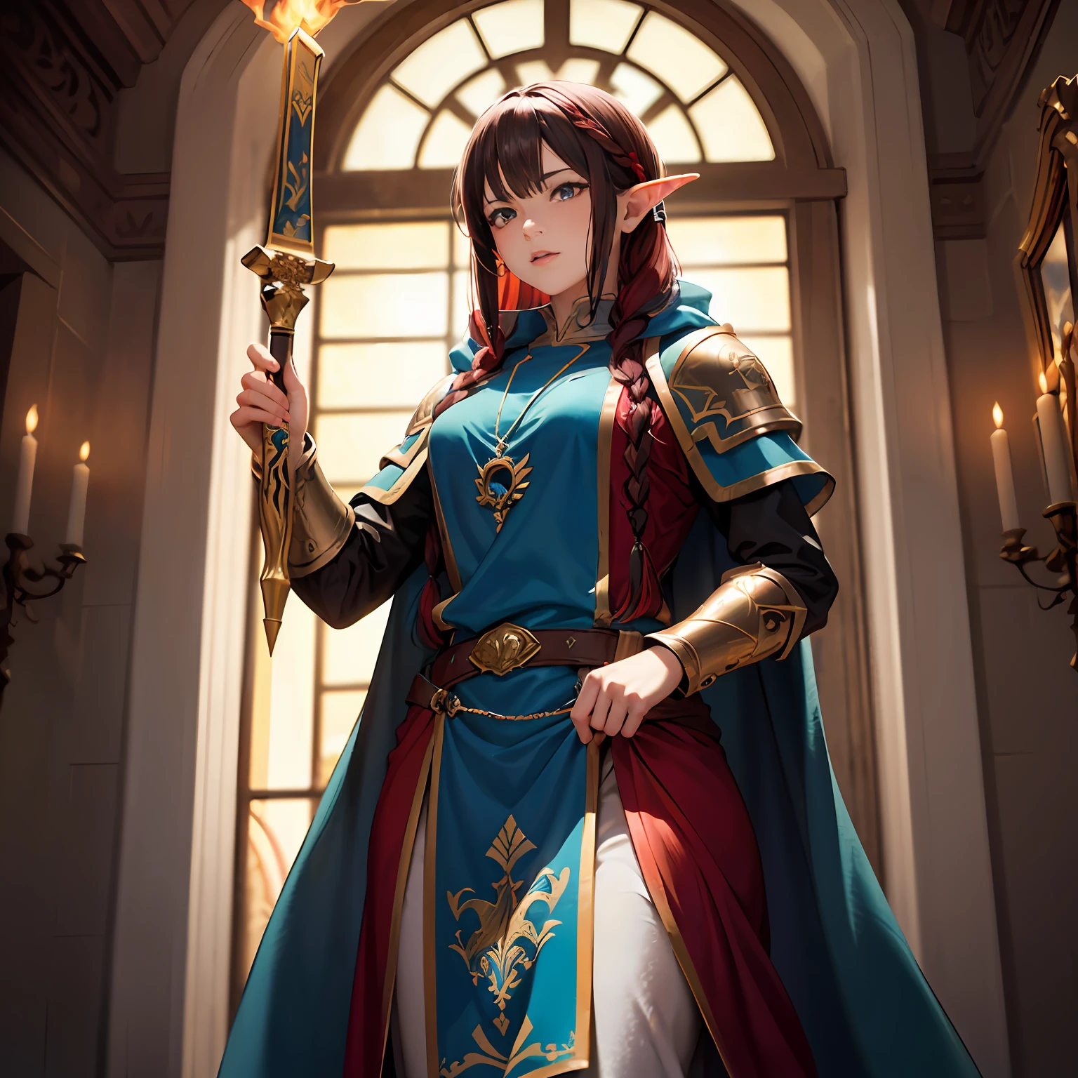 Fantasy world, dnd art female, dwarf, (Masterpiece 1.5, intense detail), red hair, Green eyes, slightly pointed ears, Braided hair,(Masterpiece, intense detail),cleric, templar, casting spells (Masterpiece, intense details dnd art) ,wearing white heavy armor with sigils (Masterpiece, intense detail). Carrying a flaming axe (Masterpiece 1.5, intense detail),wearing blue cloak with sigils (Masterpiece 1.4, intense detail), holy symbol, radiant yellow light,(Masterpiece, intense detail) standing near fantasy setting temple at dawn, Sun, backligt, (Masterpiece, intense detail) Glowing light, Ray tracing, reflective light, Silhouette, Wide shot, in a panoramic view, Ultra-wide angle, Award-Awarded, Best quality, HD, 4K, High details