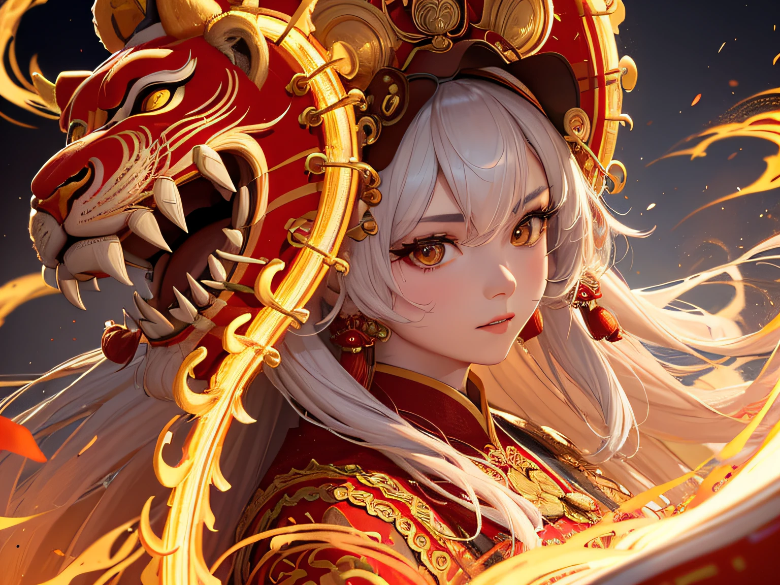 Wearing the head of a traditional Chinese lion dance, Flowing lion hair, Giant Lion's Eye, Close-up shot, Facing the audience, realistic superdetail rendering style, Red, gold,White, black,Blue,surrealism, Do a lion dance move, ultra HD picture quality, Head close-up,Face shot(VCU), Exaggerated perspective, contour shadow