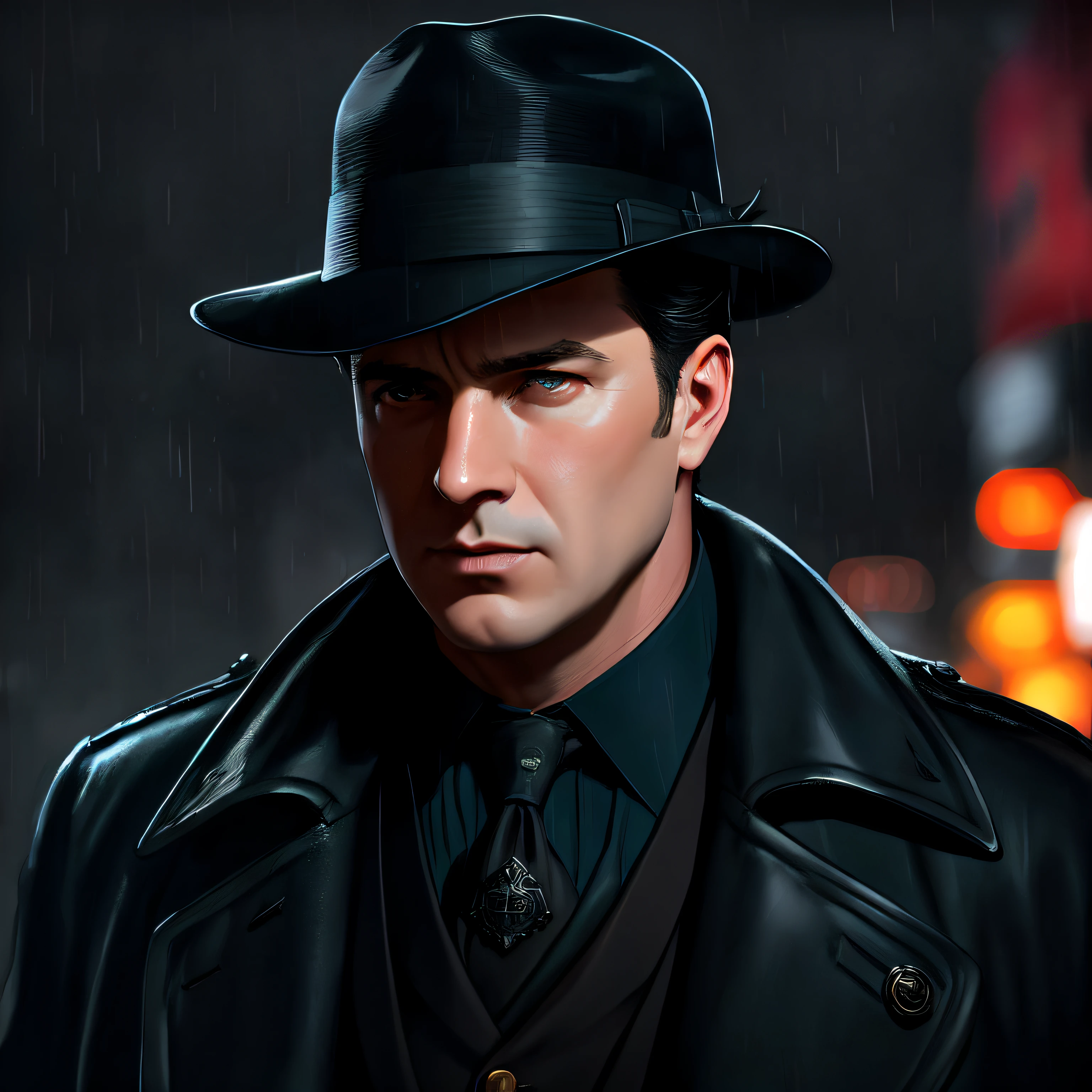 (masterpiece,best quality: 1.2), ultra-detailed face, (muted colours:1.2, dark studio, rim lighting, two tone lighting, dimly lit, low key, ), ((heavy rain weather)),long leather rain coat,
a poster for a 1930s \(style\), noir detective movie,(noir atmosphere:1), gloomy atmosphere,night city street, emphasis on noir colors,
New York in the 1930s, and Detective Jack Sullivan just returned to his office after a long day of pounding the pavement, trying to solve the latest case that had been thrown his way. It was a tough one, and he was no closer to finding the perpetrator than he was when he started,
trending on ArtStation, trending on CGSociety, Intricate, High Detail, dramatic, photorealistic painting art by midjourney and greg rutkowski,