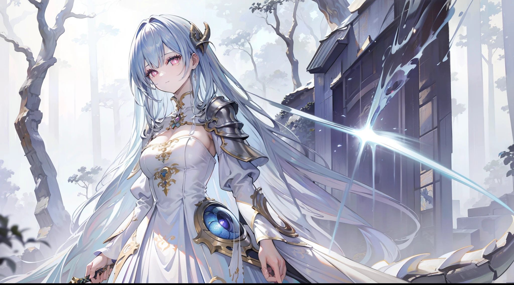 impasto, ((detailed scales)), ((looking pleased)), detailed realistic painting, solo, (shaded) extreme detail, bright eye, ((dragon)), ((slit pupils)), (Detailed realistic painting), Toilet,Beautiful,slim,Anime girl in white dress with sword and white dress in front of tree, magical little girl,Wearing magic robes,Helmet and armor in white gold,Magical scenes,Magic Array,Full body like,ornate decoration,Patterns,detail-rich,Highland rearview