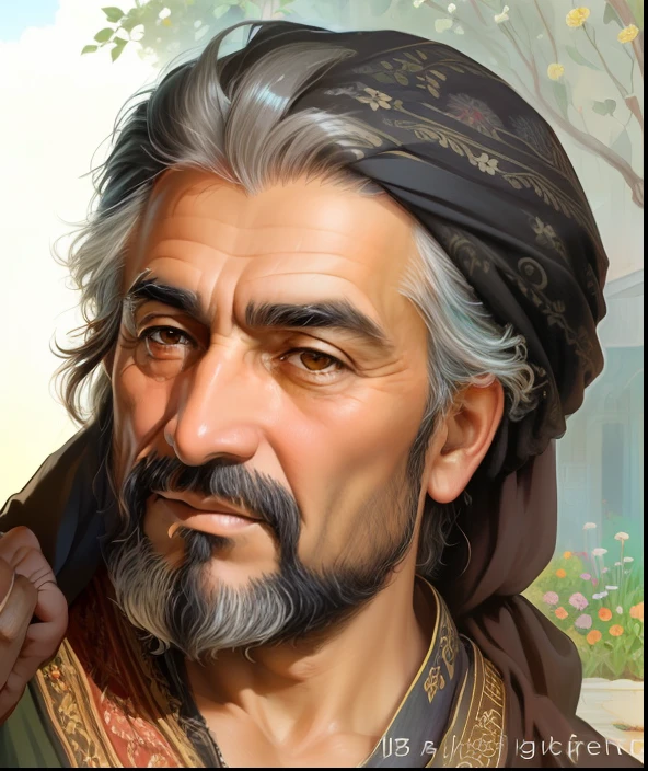 A middle-aged Iranian man in the 6th century stands in a garden and holds a flower in his hand.