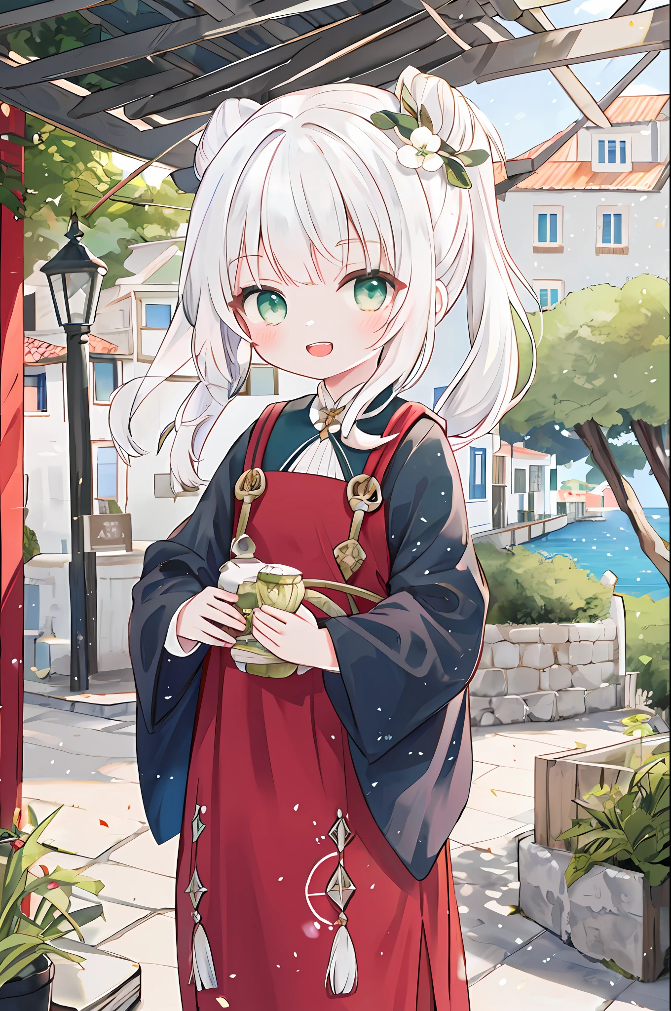Cute standing in the street of a Mediterranean port town,Wind,white color hair, Green eyes,Very long double tail,White dress,White with a pale green cap,Blue sky,Kaihuai,double teeth,Smiling,view the viewer,Lens flare,Dramatic, Coastal