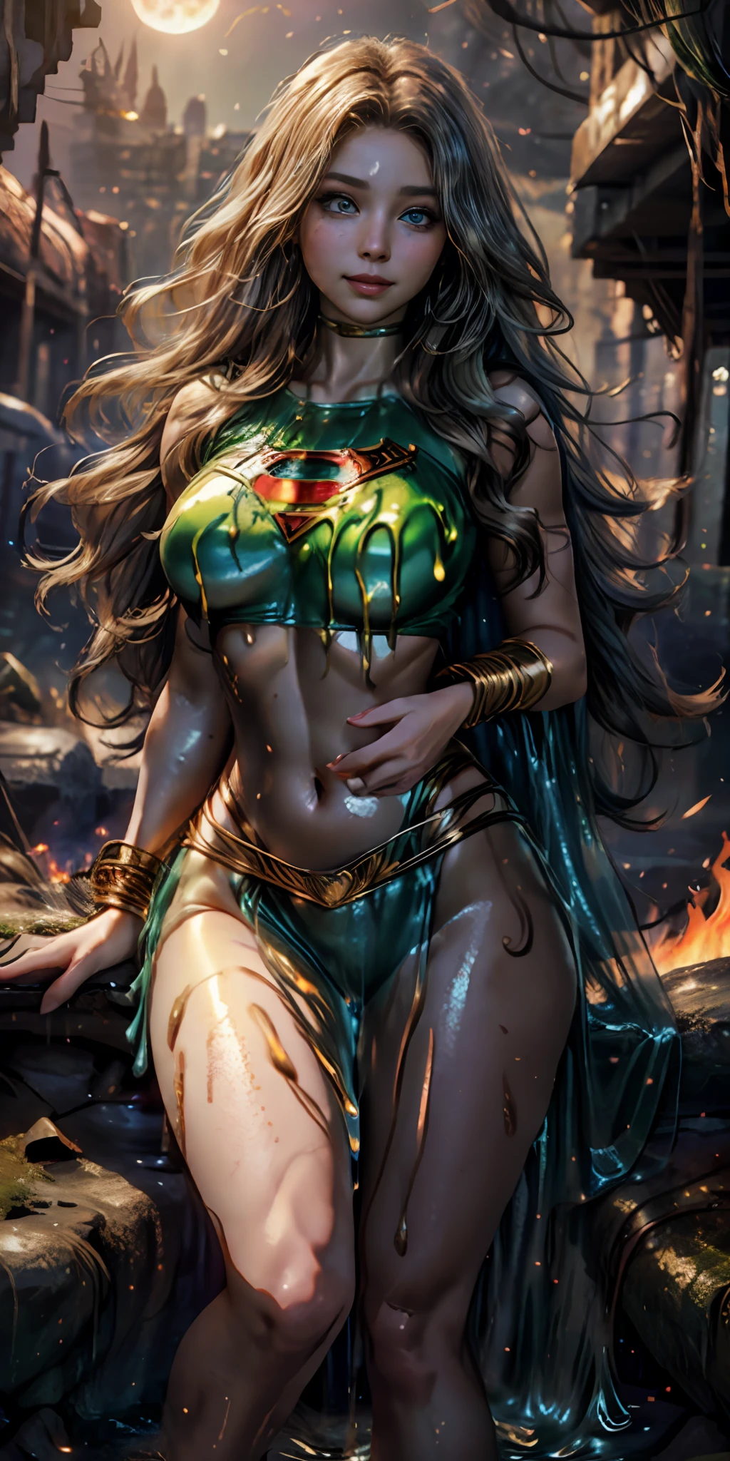 female (no ethnicity with long curly hair, brightly detailed face, perfect eyes, detailed eyes, sultry smile, ((light eyes))), dressed as Supergirl in a burning city. The moonlight highlights his muscles and scars in bright lights. The scenery is lush and mysterious, with the city and surroundings destroyed. charming look, (best quality, 8k, masterpiece: 1.3), (full body), real, (muscle: 1.5), high-resolution face, beautiful ,no ethnicity, (Kpop idol), (in a cave), ground, transparent ,transparent,glowing skin,shiny hair,(scenery slime:1.4),(fire:1.3),(torn:1.3),(sfw ),(slime: 1.4),(bright moonlight: 1.3), perfect eyes