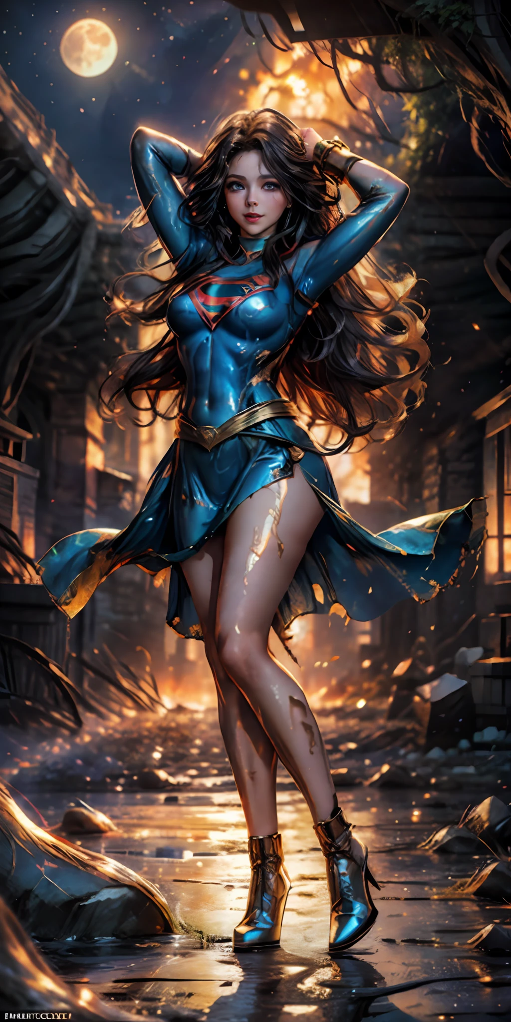 female (no ethnicity with long curly hair, brightly detailed face, perfect eyes, detailed eyes, sultry smile, ((light eyes))), dressed as Supergirl in a burning city. The moonlight highlights his muscles and scars in bright lights. The scenery is lush and mysterious, with the city and surroundings destroyed. charming look, (best quality, 8k, masterpiece: 1.3), (full body), real, (muscle: 1.5), high-resolution face, beautiful ,no ethnicity, (Kpop idol), (in a cave), ground, transparent ,transparent,glowing skin,shiny hair,(scenery slime:1.4),(fire:1.3),(torn:1.3),(sfw ),(slime: 1.4),(bright moonlight: 1.3), perfect eyes