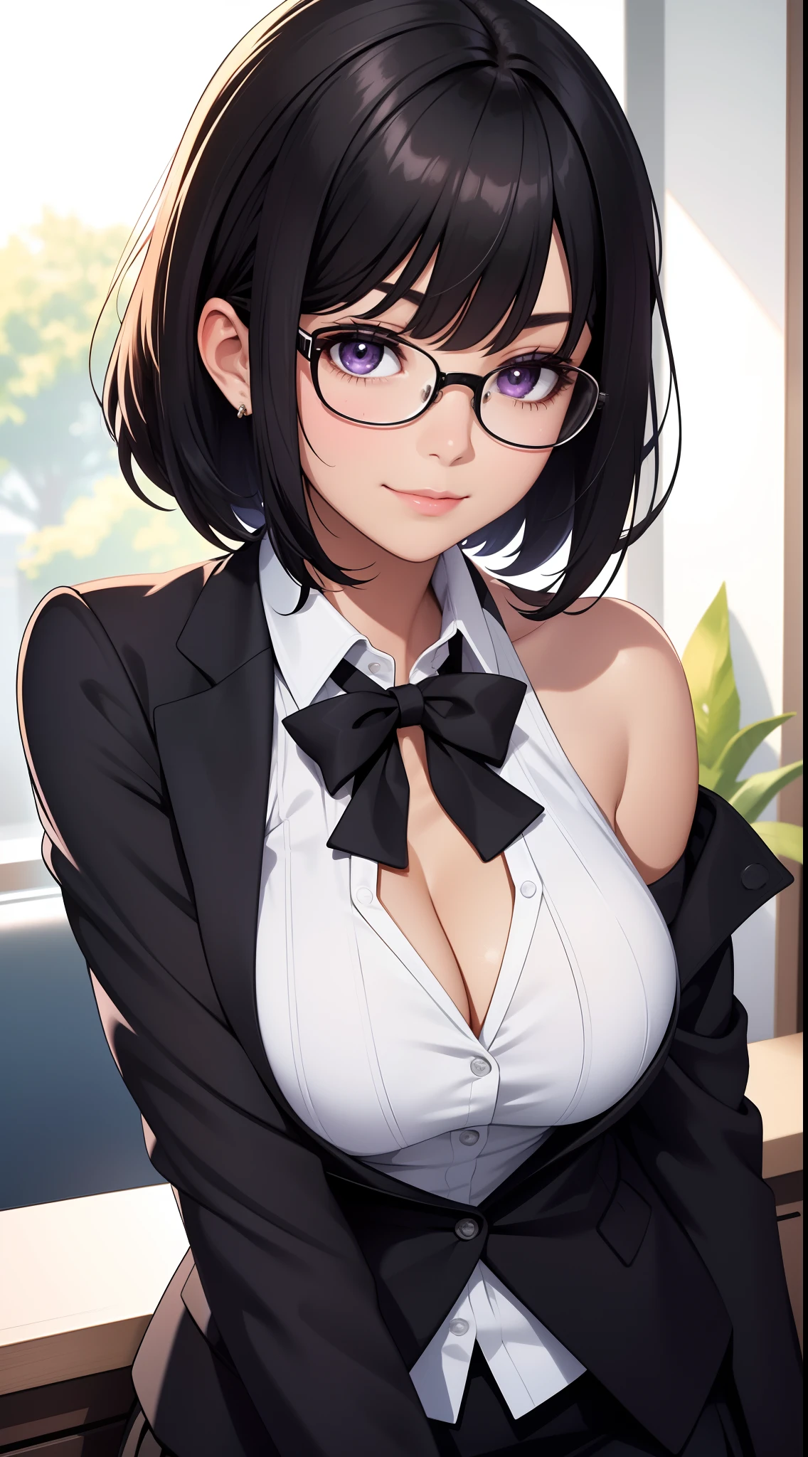 (Best quality:1.1), (Masterpiece:1.2), Highqualityshadow, Beautiful detailed, Beautiful face, Detailed eyes, Off-the-shoulder attire，Depth of field, A high resolution, Best shadow, Best illumination, 1girll, view the viewer, （Black hair:1.3)，brush cut，extra very short hair, Blunt bangs, Long hair, Purple eyes, Shy, Large breasts, Miniskirt, blouse, Blazer, Pump, Office Lady, Glasses,cleavage，looks into camera，ssmile，closeup cleavage，Superskirt