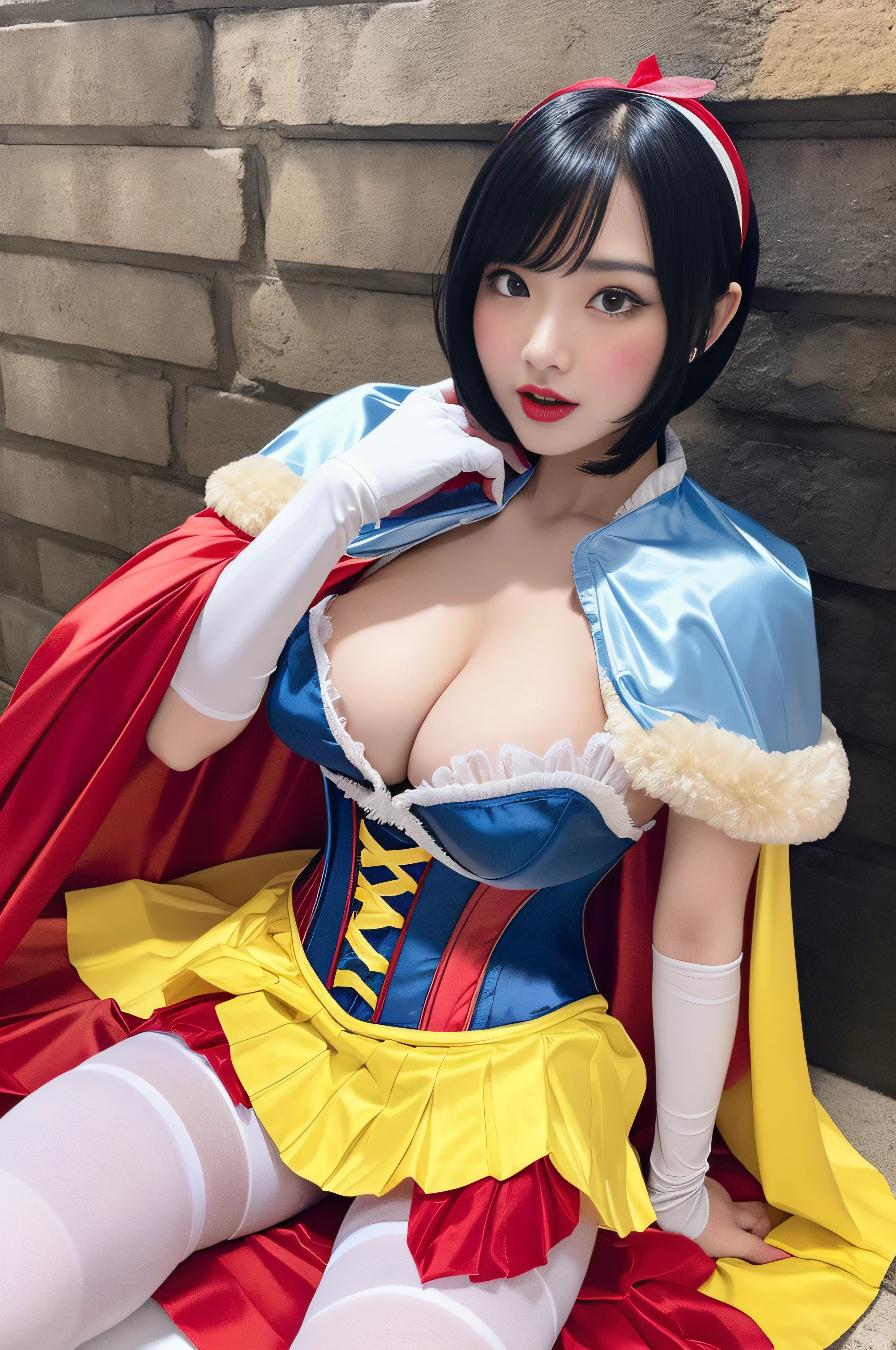 Beautiful Japanese 18 year old woman, ((((wearing snow white cosplay, blue silk corset, red silk cape, yellow silk pleated skater skirt, white leggings, black bob hair, red hairband)))), ((lying on her back)), ((( legs open))), white panties, touching panties, silk panties, hands on self, large breasts, touching panties, masterpiece, photorealistic, amazingly detailed face, female masturbation ,masturbation, aroused, pained express on face, hands between legs, maximum resolution, sensual, aroused