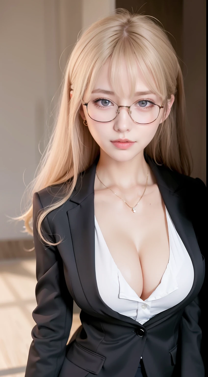 (Best quality:1.1), (Masterpiece:1.2), Highqualityshadow, Beautiful detailed, Beautiful face, Detailed eyes, Off-the-shoulder attire,Depth of field, A high resolution, Best shadow, Best illumination, 1girll, view the viewer, (Blonde hair:1.3),short detailed hair, Blunt bangs, Long hair, Purple eyes, Shy, Large breasts, Miniskirt, blouse, Blazer, Pump, Office Lady, Glasses,cleavage,looks into camera,ssmile,closeup cleavage