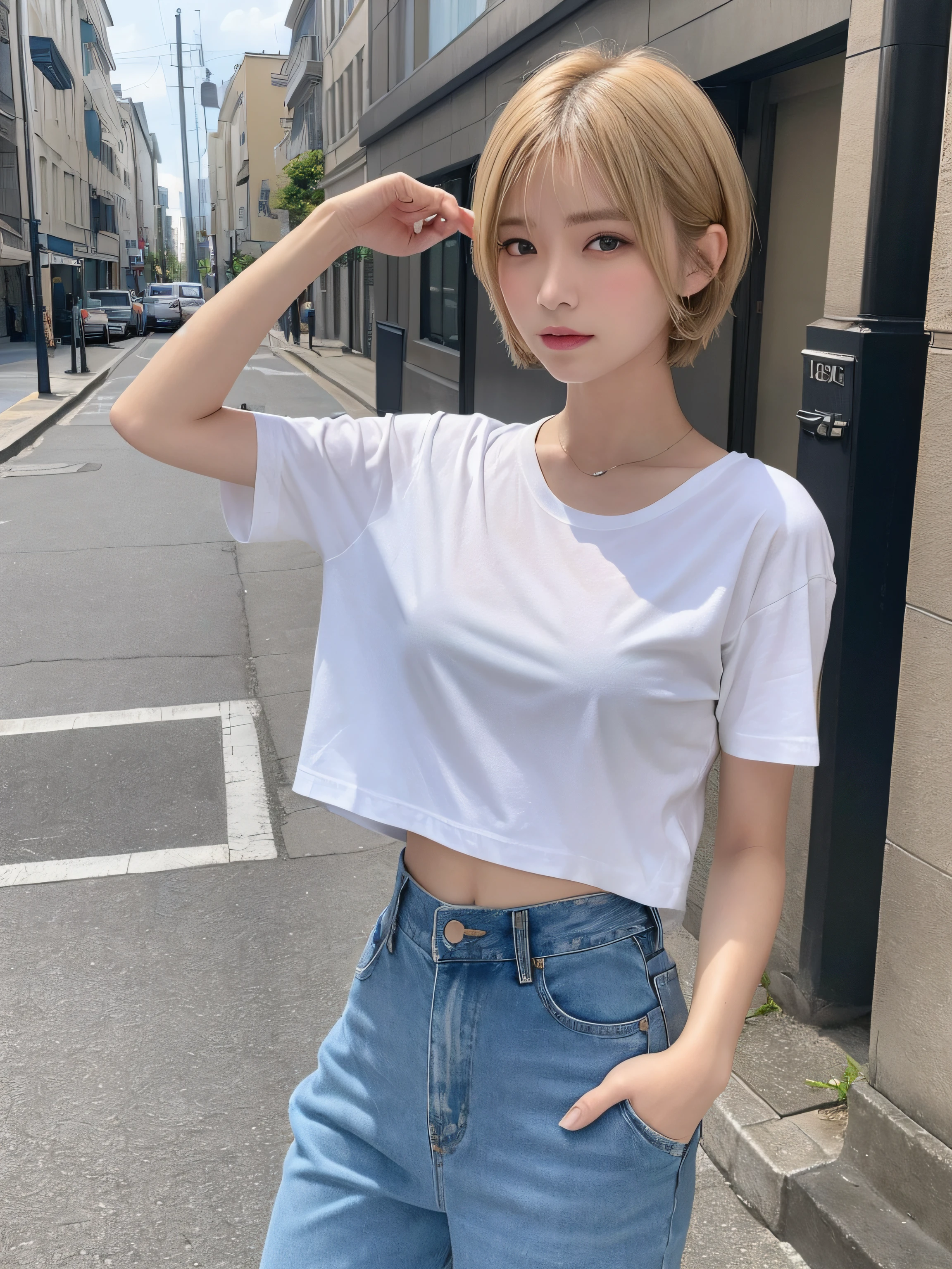 ((top-quality、8K、masterpiece:1.3))、sharp:1.2、Perfect Body Beauty:1.4、Slim abs:1.2、((Short hairstyles、a blond、Small and good shape))、(Wet white t-shirt:1.1、denim pant)、(Street:1.2)、Wetty:1.5、Highly detailed facial and skin texture、A detailed eye、二重まぶた