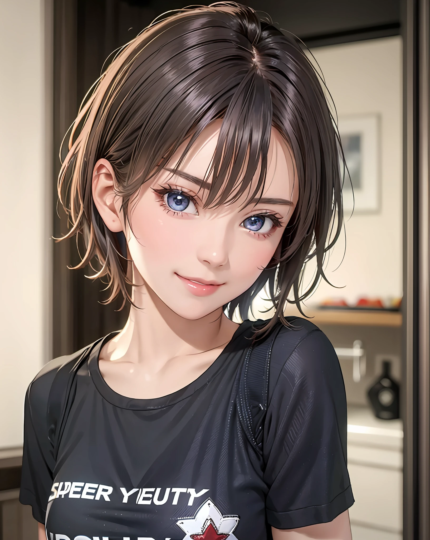 Best Quality, Ultra High Resolution, (Photorealistic: 1.4), Beautiful Eyes, Super Beautiful, Very Short Hair, Beautiful, Sweetheart, T-shirt with Rough Chest, Beautiful Soldier, Eyes That Invite Viewer, Lover's Perspective, Inviting Expression, Sexy Smile, Perfect Style, Perfect Balance, Detailed Skin, Naughty Gaze, Chest Visible
