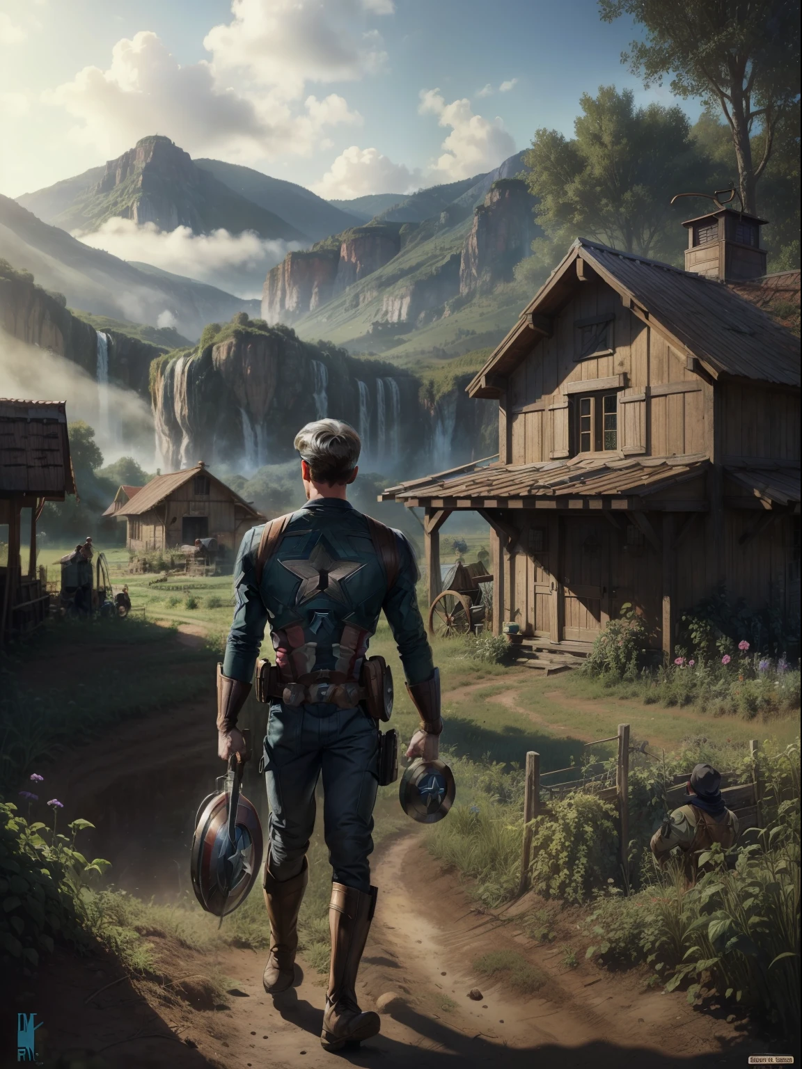 (Steve Rogers:1.3) the Homestead Farmer nurturing his life stocks in his wonderful homestead permaculture farming with ((beautiful background)), water well and woods, an epic masterpiece hyper realistic digital art of Frank Bellamy, professional color grading by Kenneth Hines Jr. , 80's European Color Comic Style