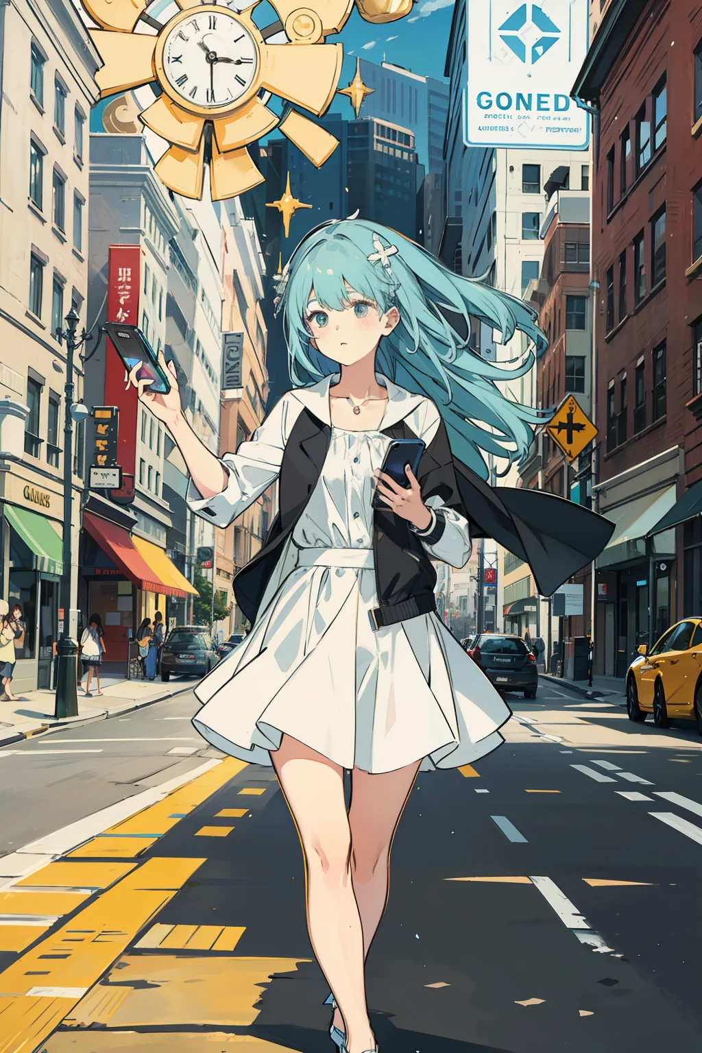 Beautiful woman, fiddling with cell phone in the middle of the street, short clothes