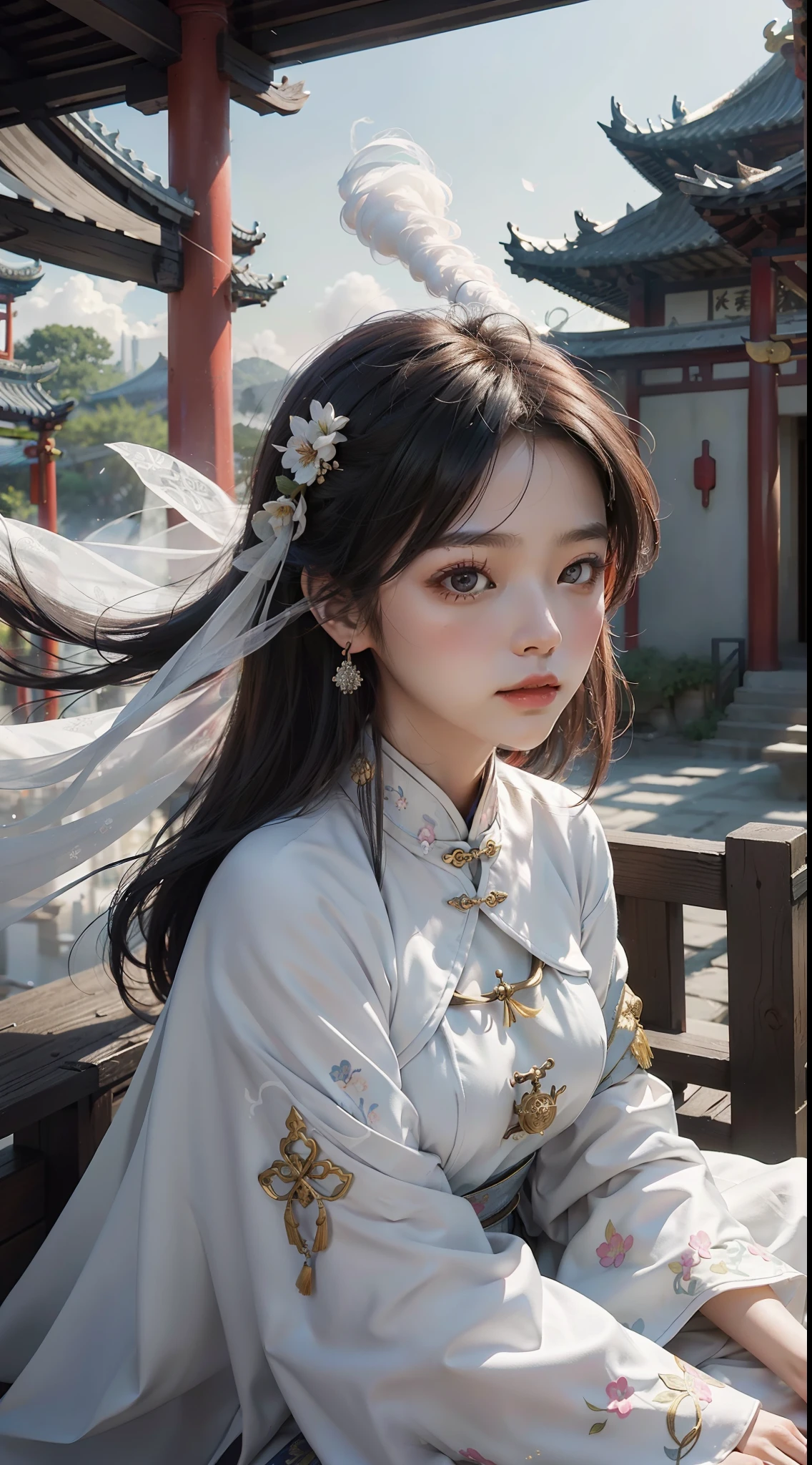 zhongfenghua, 1girl, solo, hanfu, ancient_chinese_architecture, flower field, blossom, (white smoke:1.3) (photorealistic:1.4), zentangle, mandala, entangle, official art, unity 8k wallpaper, ultra detailed, beautiful and aesthetic, masterpiece,best quality, (dynamic angle:1.4), glowing skin, (floating colorful sparkles:1) the most beautiful form of chaos, elegant, a brutalist designed, vivid colours, romanticism depth of field exotic_dance