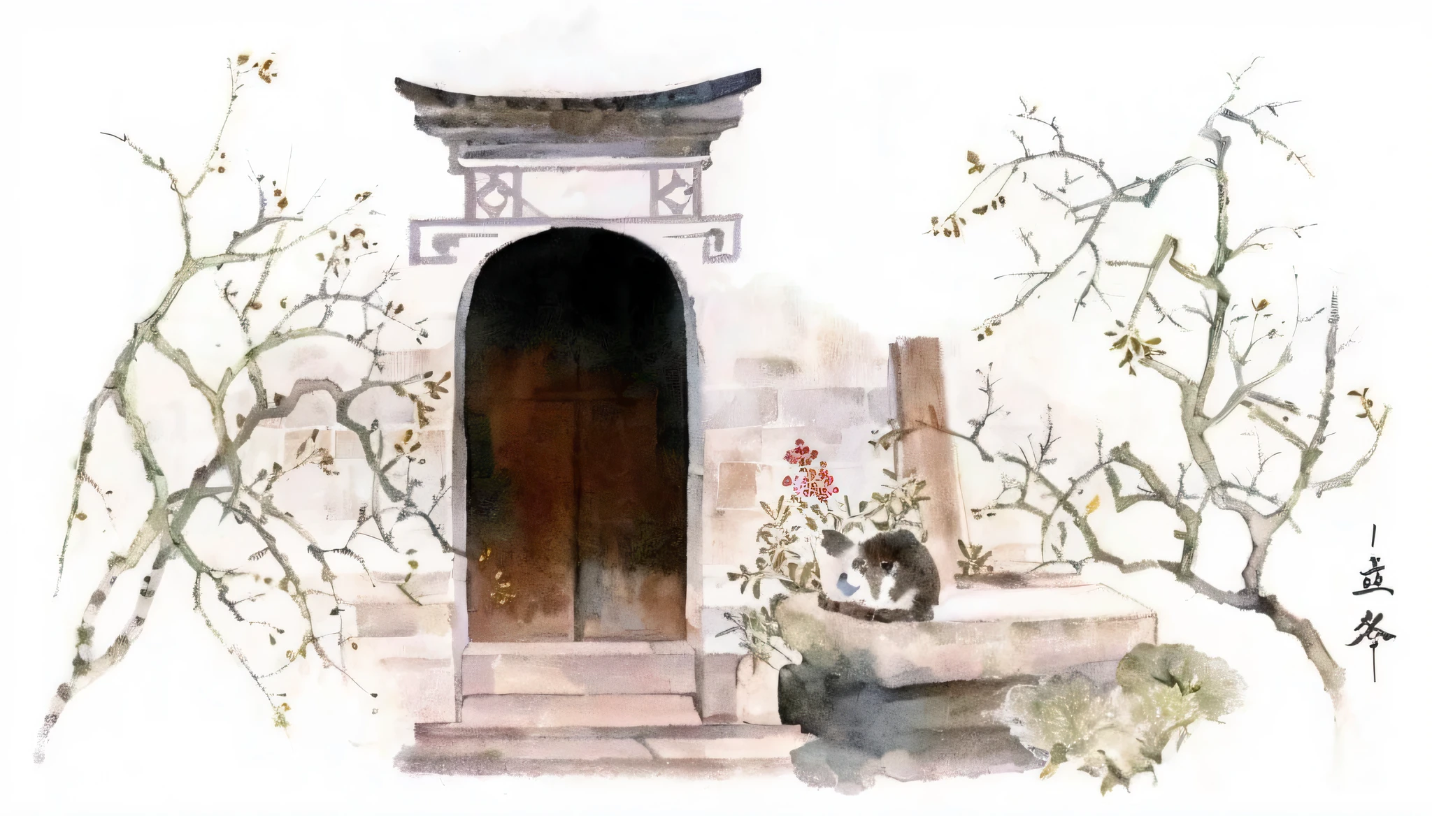 There was a cat sitting in a small pot outside the building, author:Ma Yuanyu, Chinese watercolor style, Chinese painting style, author:Wu Zuoren, author:Li Meishu, author:Yao Tingmei, Chinese style painting, Traditional Chinese painting, Traditional Chinese watercolor, author:Shen Shichong, Traditional Chinese Ink Painting, author:Sheng Maoye