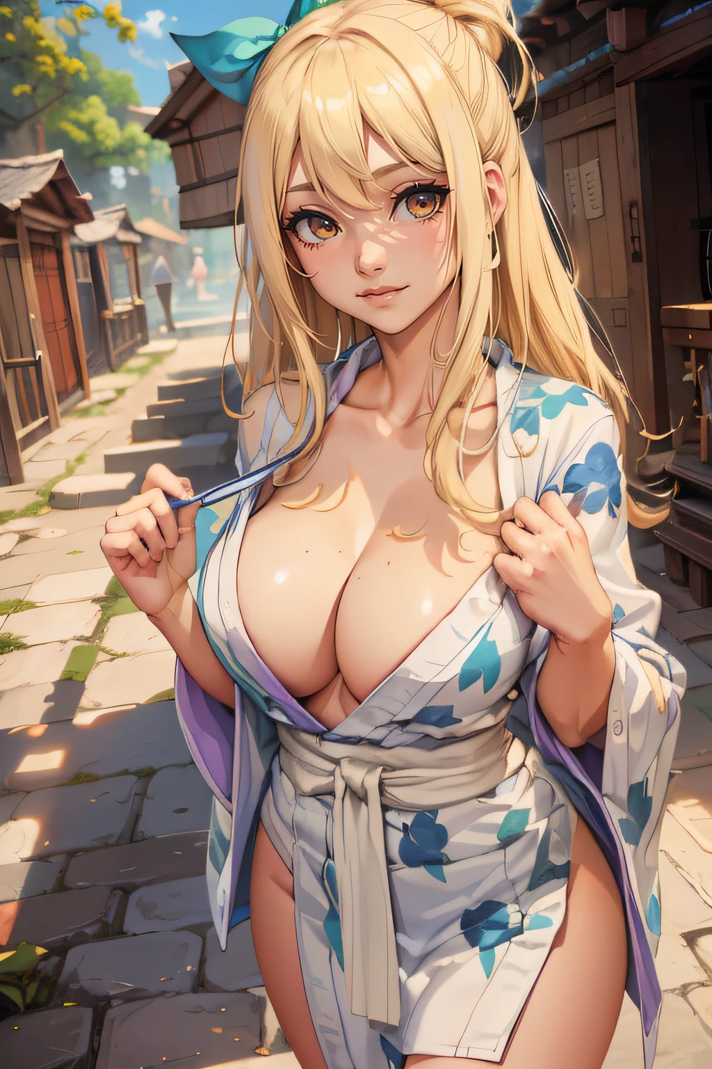 master part, melhor qualidade, Alto, Lucy Heartfilia, blonde hair, Cabelos Longos, seios grandes,Yukata,cowboy shot, Standing, Olhando para o Viewer, , ao ar livre, summer festival, corar, Shy, sorrir, Mostrar Dentes, meia, estilo de arte artgerm