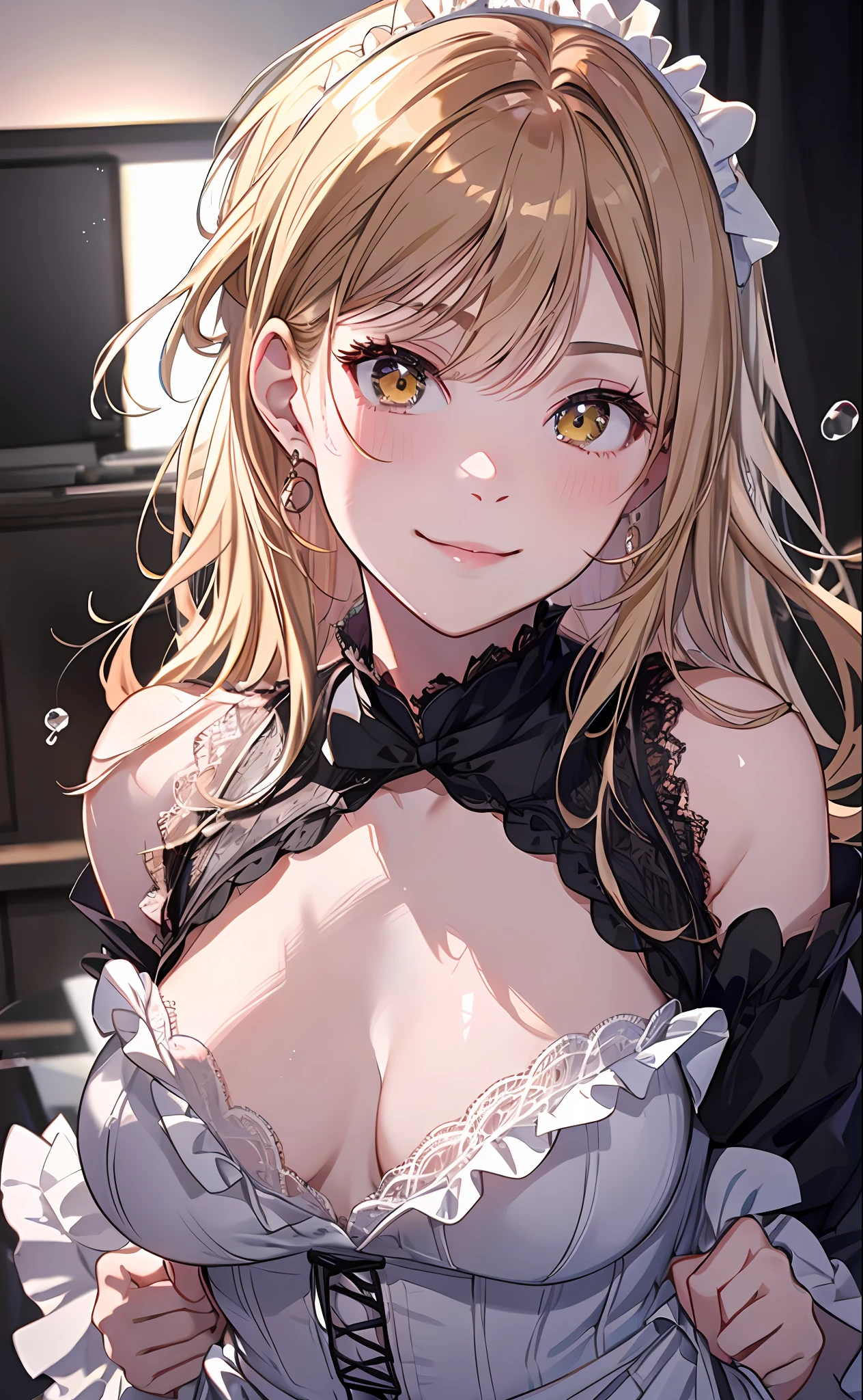 Idol, Masterpiece, Top Quality, Beautiful Face, Absurdity, HDR, (Cowboy Shot, White Ruffled Lace Mini Dress, White Collar, White Ruffle Cuff, Particles: 1.5), (Bloom, Glow: 1.4), (Smile), (Blonde Short, Yellow Eyes: 1.7), Sharp Focus, Photorealistic, High Resolution, Best Detailed, Ultra Detailed, Detailed Face and Eyes, Sharp Pupils, Realistic Pupils, Sharp Focus, Glossy Skin, (Black Corset: 1), (Dark Studio, Dark Background: 1.5), Rim Lighting, Dynamic and Cinematic Lighting, (((Skirt Lift: 1.3)))), ((White Panties Visible))),
