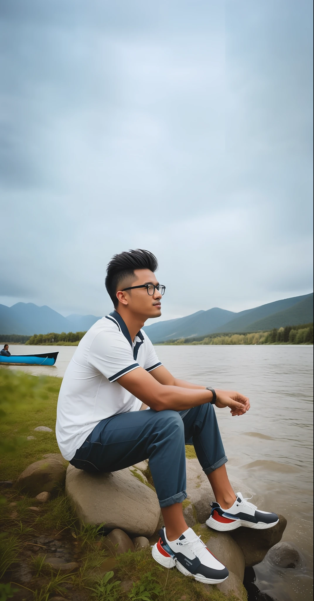 there is a man sitting on a rock by the water, river in front of him, taken with sony alpha 9, shot on nikon z9, sitting near a river, photo taken with canon 5d, in a scenic background, casual photography, sitting in front of a lake, shot on canon eos r5, shot on canon eos r 5, river in the background