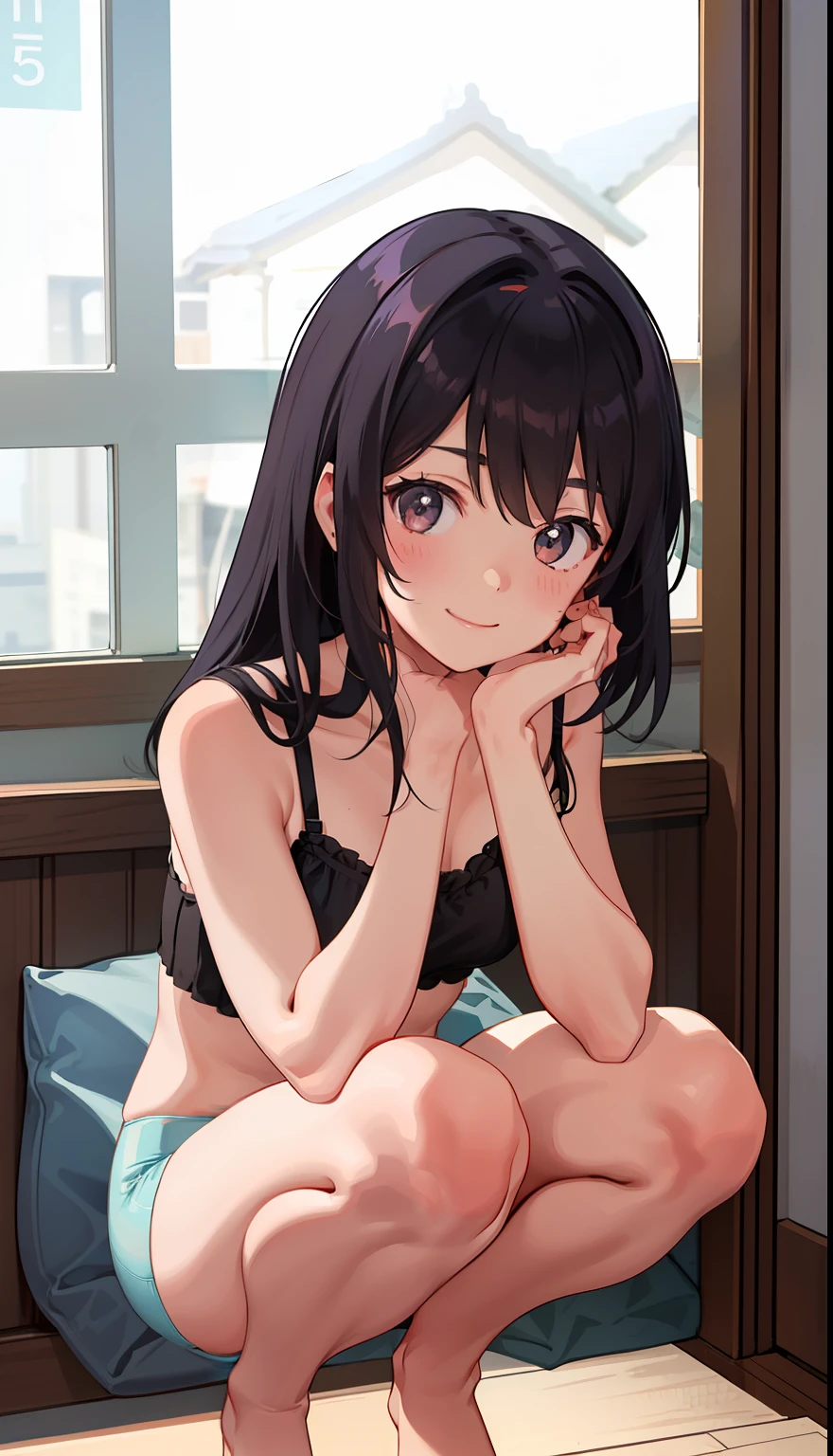 1girl in、A smile、Underwear、Cute underwear、Upper body portrait、Squatting panchira、