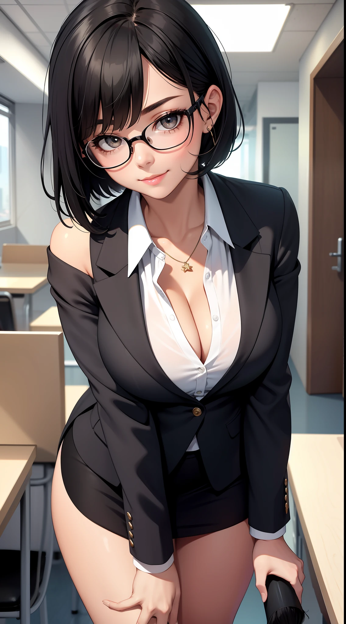 (Best quality:1.1), (Masterpiece:1.2), Highqualityshadow, Beautiful detailed, Beautiful face, Detailed eyes, Off-the-shoulder attire,Depth of field, A high resolution, Best shadow, Best illumination, 1girll, view the viewer, (Black hair:1.3),Brush cut,extra very short hair, Blunt bangs, Long hair, Black eyes, Shy, Large breasts, Miniskirt, blouse, Blazer, Pump, Office Lady, Glasses,cleavage,looks into camera,ssmile,closeup cleavage,Superskirt