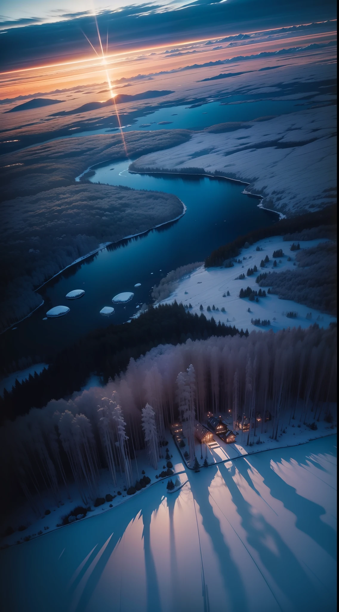 Swedish forest at dusk and midwinter、Ice Forest、Aerial view from directly above