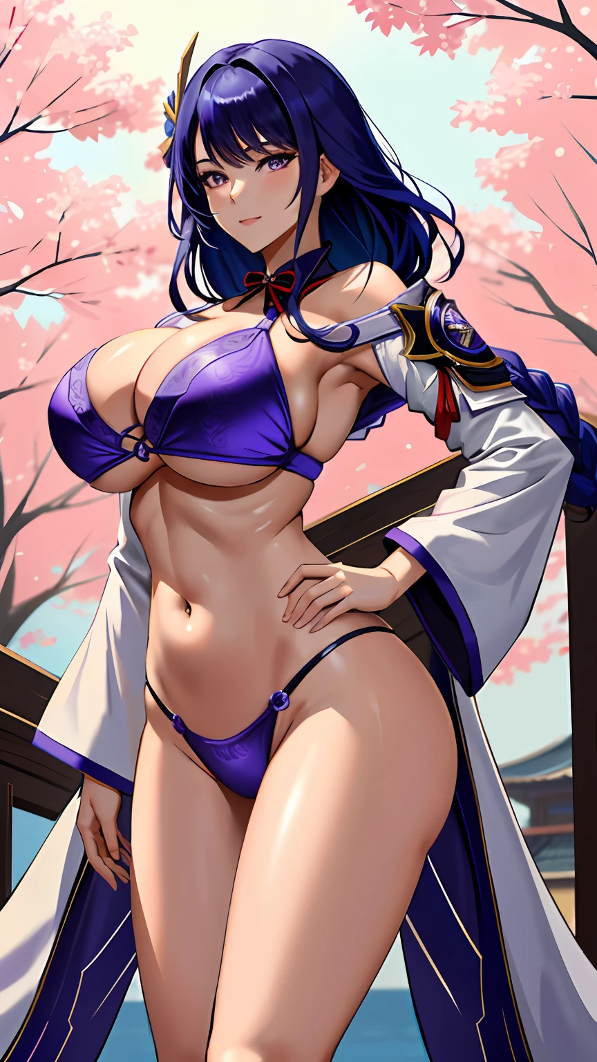Raiden Shogun, raiden, (Huge breasts), nedium breasts, Masterpiece, Best quality, Ultra-detailed, Beautiful lighting, bangs, (Stand with one foot in front of the other,both hands on hip), (angle of view:1.1), (Smile:0.9),Busty body,large thick legs,nakeness,Pink the bikini,Delicate bikinis with many patterns