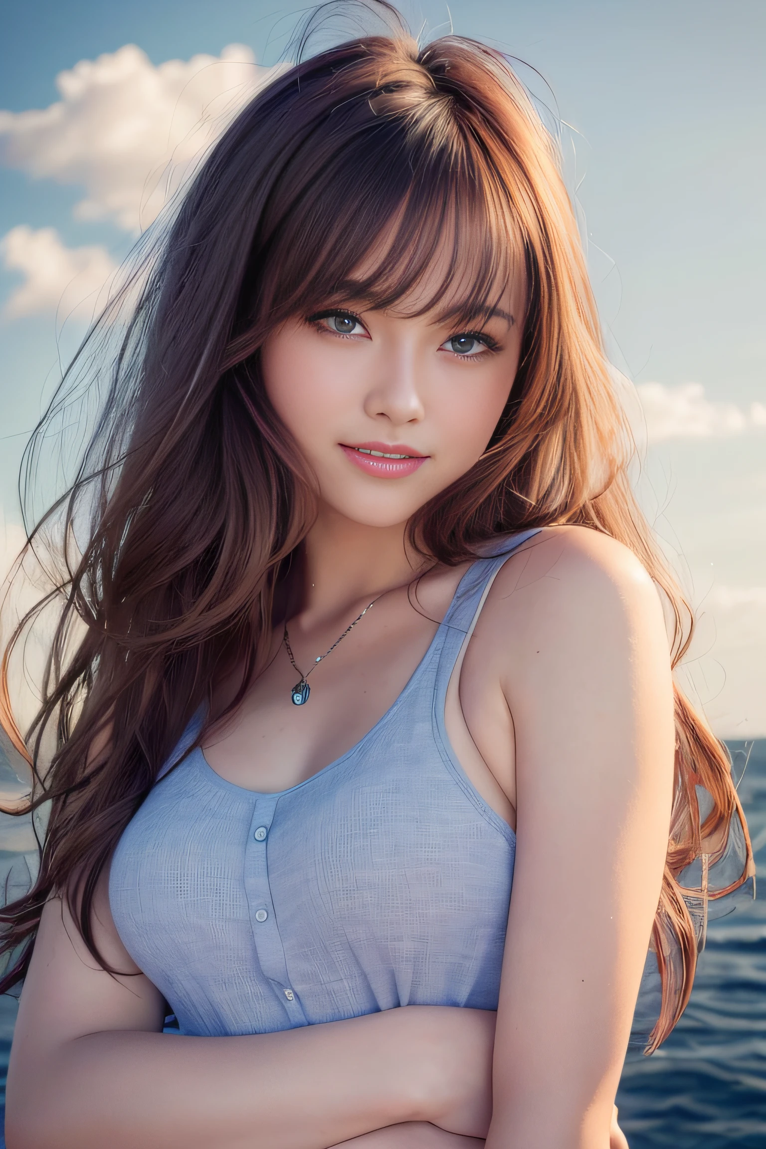 (8k, Best Quality, Masterpiece:1.2), (Realistic, Photorealistic:1.37), Ultra Detail, 1 Girl,Cute,Solo,Beautiful Detailed Sky,Date,(Blush),(Smile:1.15),(Closed Mouth)Small Breasts,Beautiful Detailed Eyes,(Long Hair: 1.2),Floating Hair NovaFrogStyle, Upper Body, Tank Top