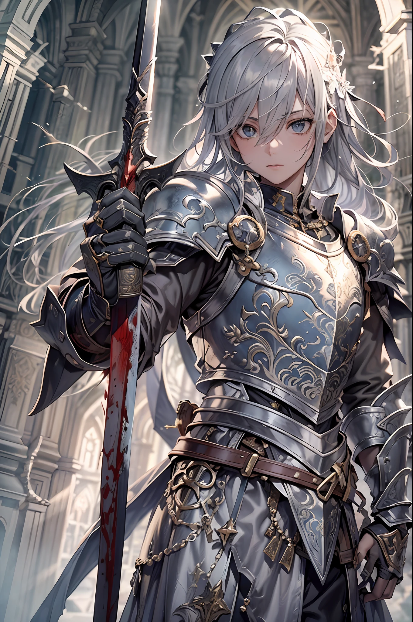 a teenager male knight in cracked sliver armor, he raise a sword stained with blood, a giant gate of castle behind him, light from the sky, lots of swords point at the knight, with determined look, silver hair, black hair, gradient hair, chiaroscuro, cinematic lighting, god rays, ray tracing, reflection light, panorama, masterpiece, best quality, high quality, high details, highest, accurate, anatomically correct, textured skin, UHD, 1080P
