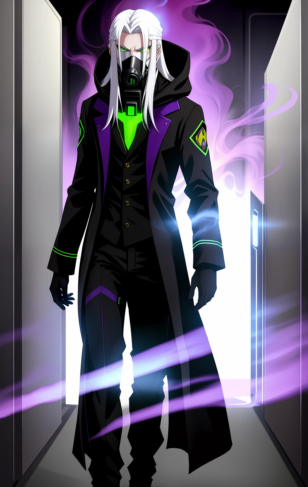 male, 20 years old, pale skin, long white hair, radiation containment suit, evil look, green eyes, very thin, ill, with hood, black suit, with purple smoke around, with purple scarf, wearing gas mask with tubes that connects with clothing, villain, with cylinders on the back