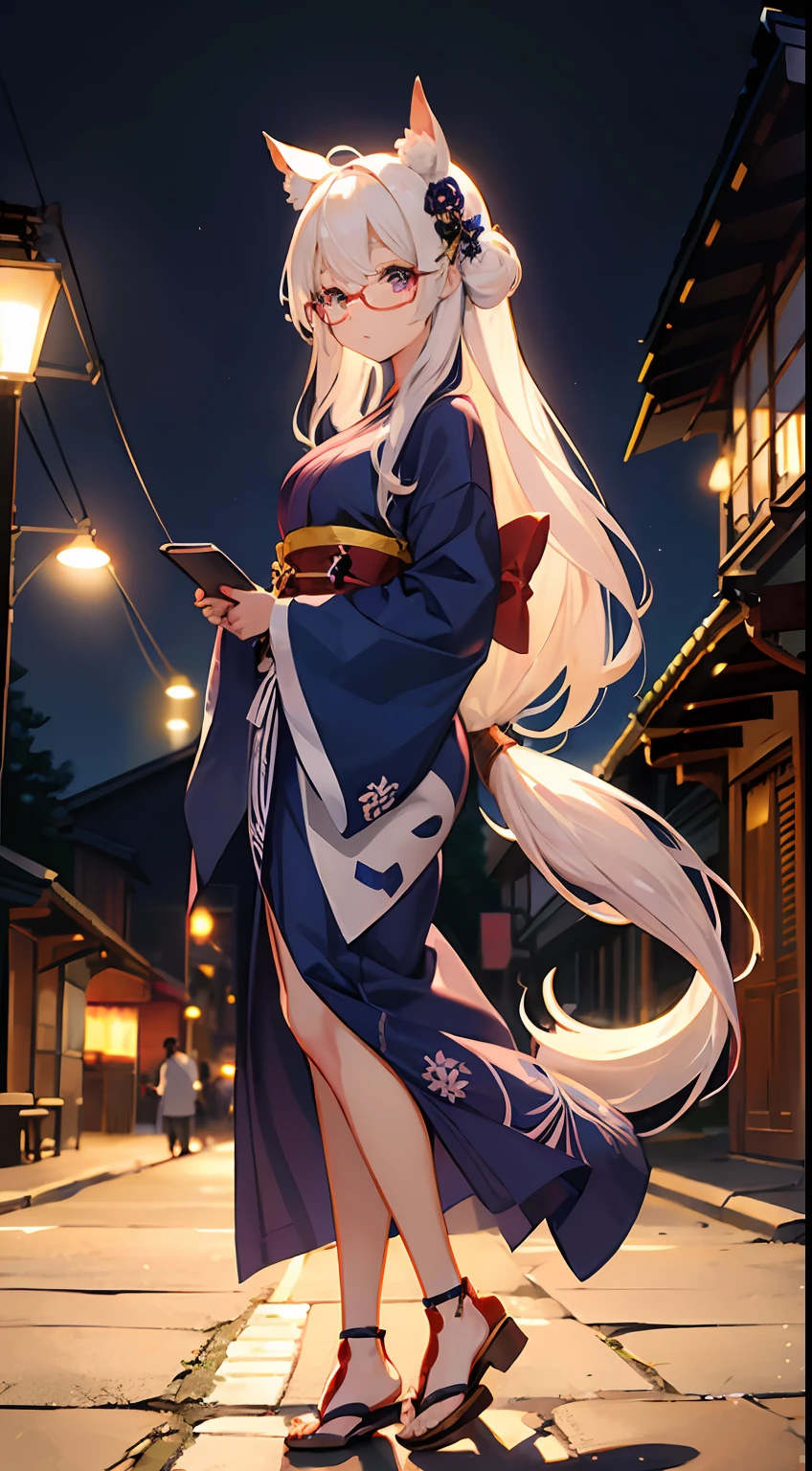 ((Best Quality)), (Ultra-detailed), ((Extremely detailed)), (Beautiful), ((Kawaii Girl))、Hair is white、length hair、Quirk hair、Blue eyes、Girl with horse ears and tail、tall、Breasts are big、Yukata,Sandals,、Red under-rim glasses、One girl、Standing、animesque、Uma Musume、Fireworks,evening,Smile,Full body,looking in camera,